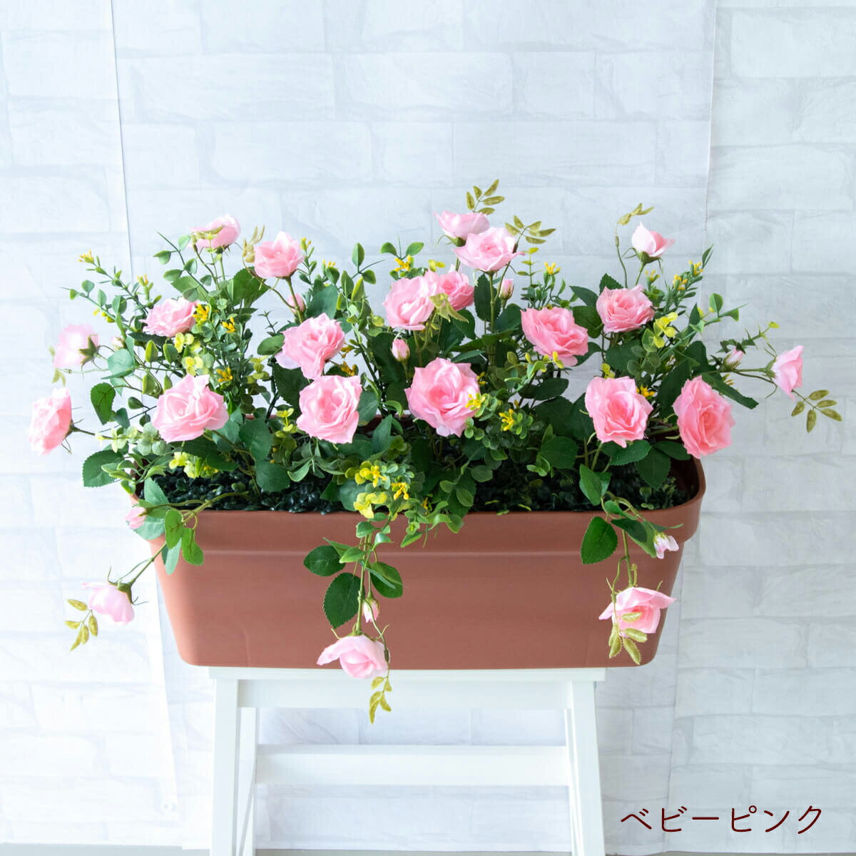 Rakuten - 造花プランター フラワープランター フラワーアレンジメント フェイクグリーン 店舗装飾 ディスプレイ パチンコ店 工事現場 住宅展示場 モデルハウス ショールーム 通年 ベビーピンク/PF531-LB 造花プランター(ガーデンローズ/ベビーピンク)