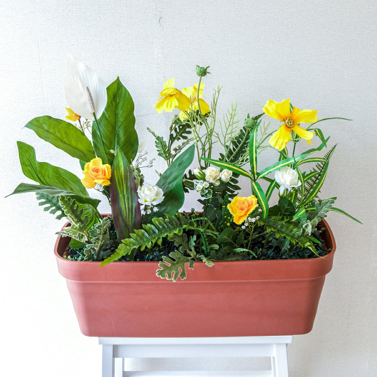造花プランター フラワープランター フラワーアレンジメント フェイクグリーン 店舗装飾 ディスプレイ パチンコ店 工事現場 住宅展示場 モデルハウス ショールーム ミックス グリーン/PF648-LB 造花プランター(スパティフィラム・コスモス):Aプ