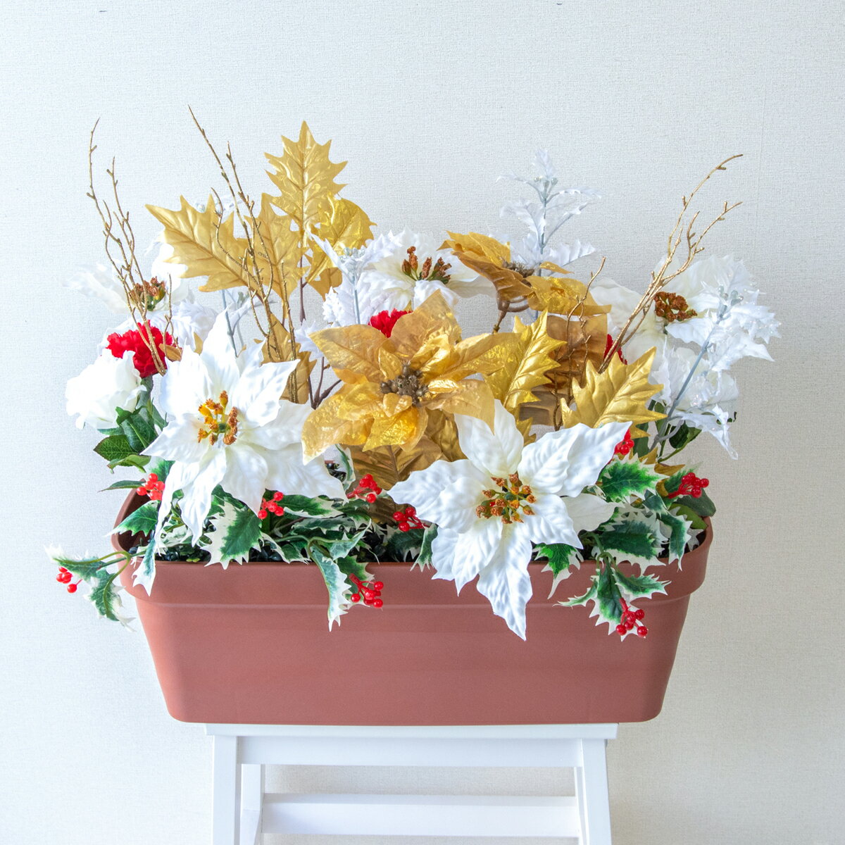 造花プランター フラワープランター フラワーアレンジメント フェイクグリーン 店舗装飾 ディスプレイ パチンコ店 工事現場 住宅展示場 モデルハウス ショールーム 冬装飾 クリスマス ホワイト/PF714-LB 造花プランター(ポインセチア):Aプ