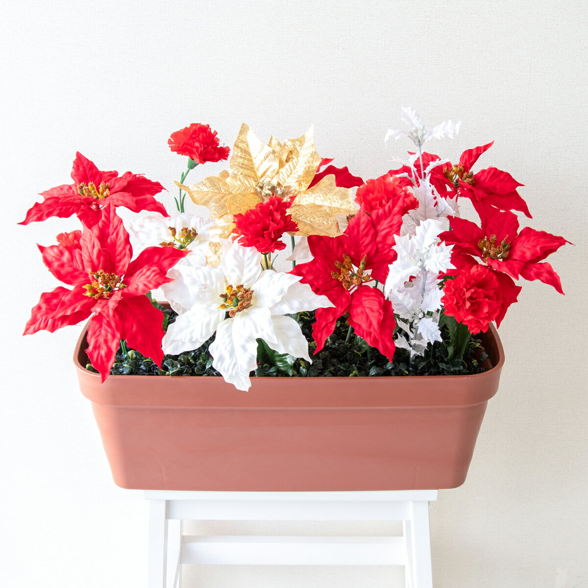 造花プランター フラワープランター フラワーアレンジメント フェイクグリーン 店舗装飾 ディスプレイ パチンコ店 工事現場 住宅展示場 モデルハウス ショールーム 冬装飾 クリスマス レッド/PF719-LB 造花プランター(ポインセチア):Aプ