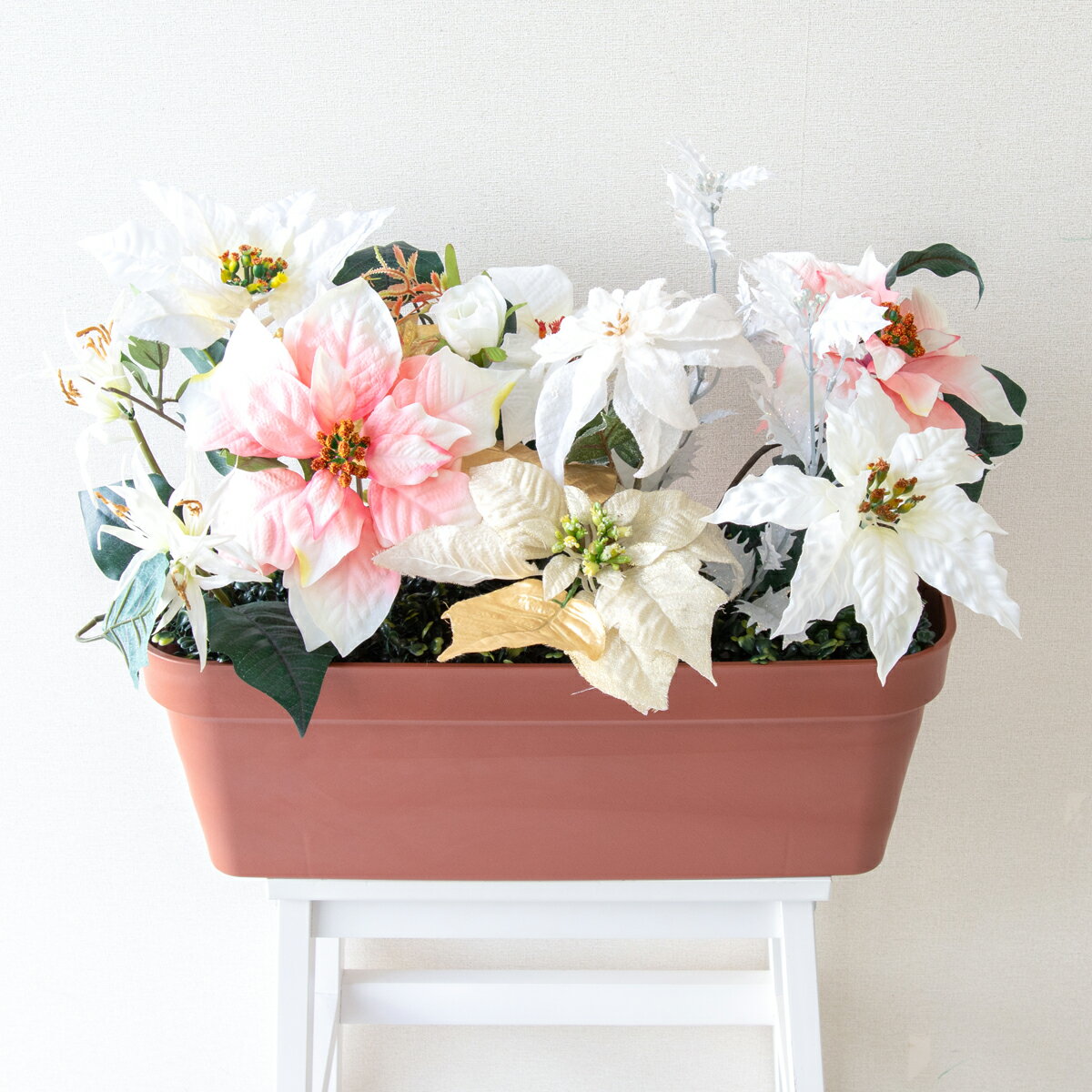 造花プランター フラワープランター フラワーアレンジメント フェイクグリーン 店舗装飾 ディスプレイ パチンコ店 工事現場 住宅展示場 モデルハウス ショールーム 冬装飾 クリスマス ホワイト/PF720-LB 造花プランター(ポインセチア):Aプ
