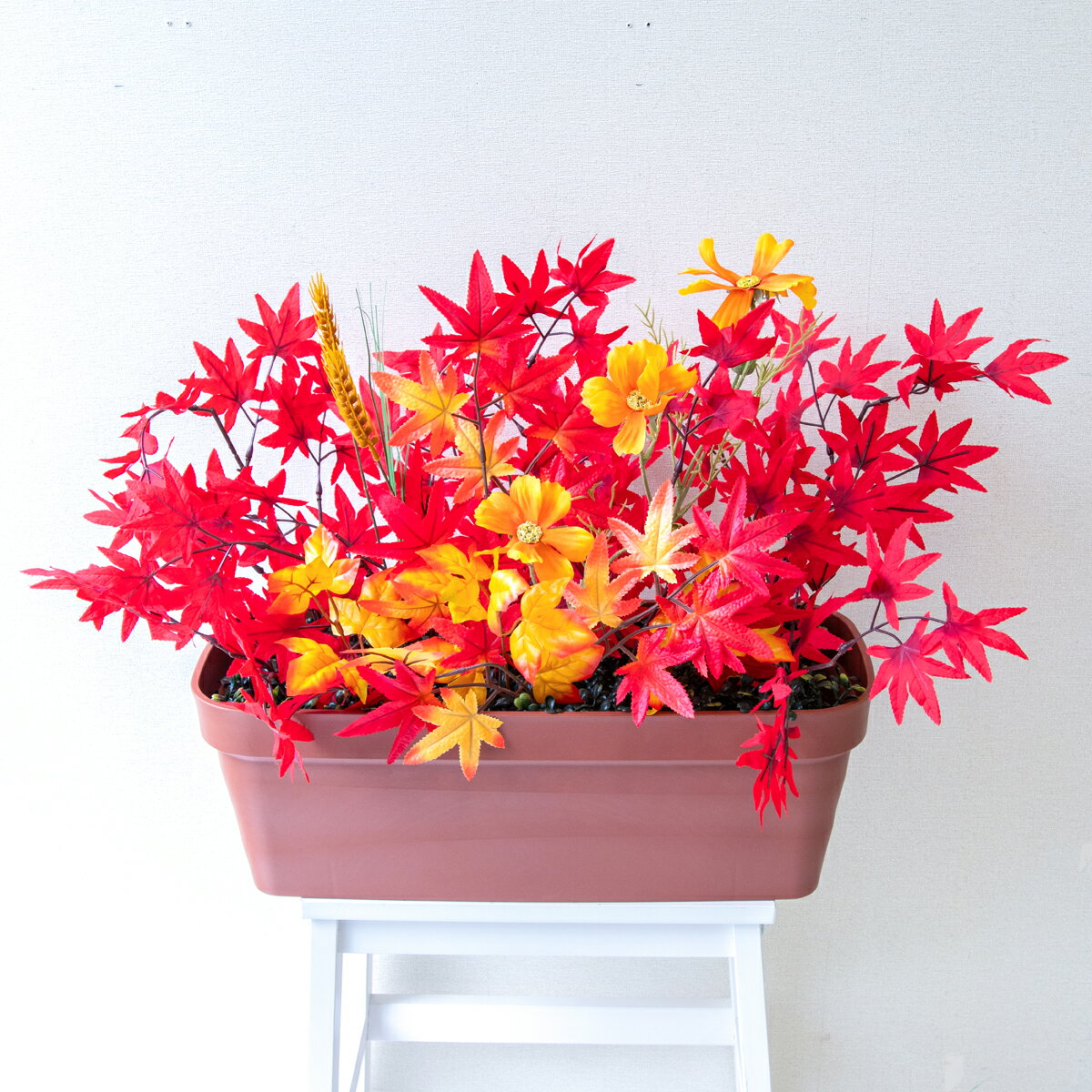 造花プランター フラワープランター フラワーアレンジメント フェイクグリーン 店舗装飾 ディスプレイ パチンコ店 工事現場 住宅展示場 モデルハウス ショールーム 秋装飾 オレンジ/PF821-LB 造花プランター(もみじ・コスモス):Aプ