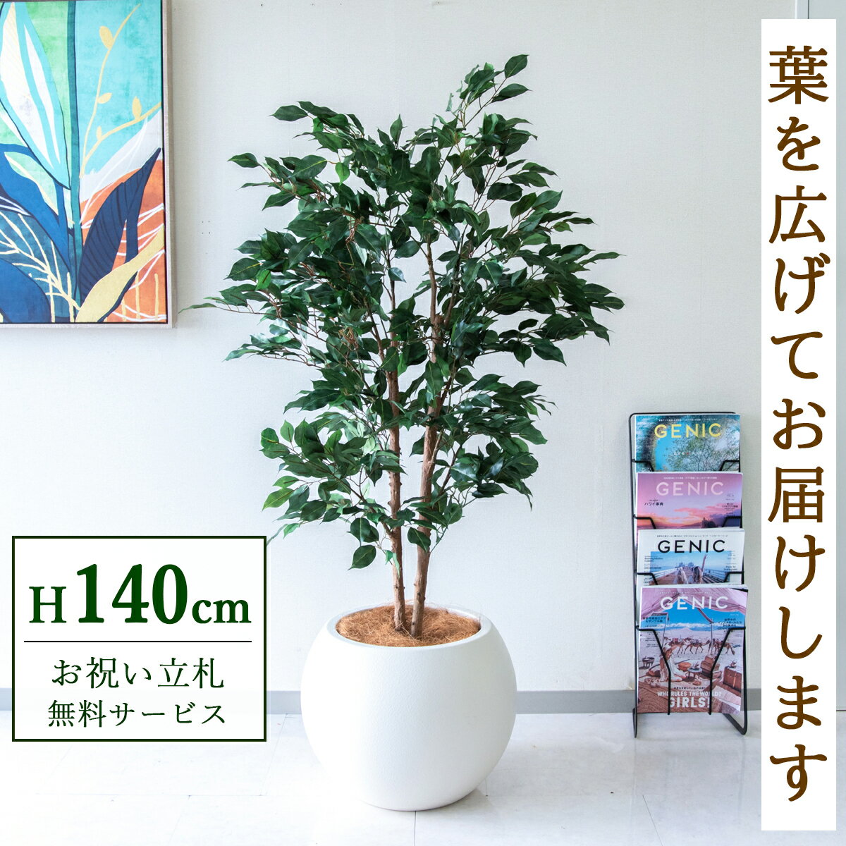 Rakuten - フェイクグリーン 観葉植物 人工観葉植物 フィカス ベンジャミン 140cm 鉢付き / ★立札無料★ 法人・開店祝い 店舗・オフィス装飾 空間演出 造花/PG1008-ROM43IV