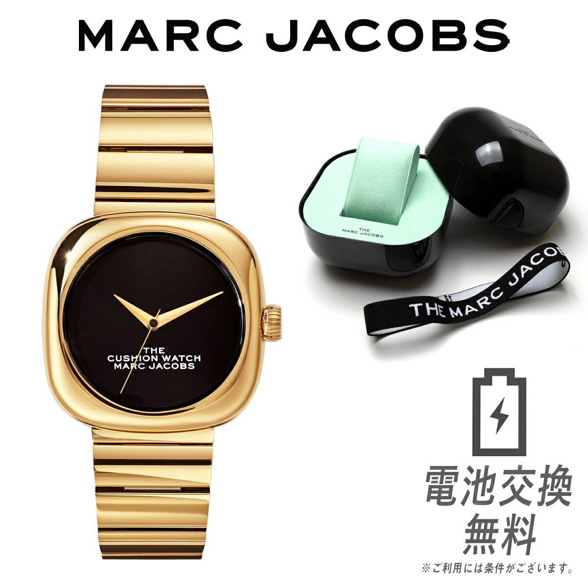 【ラッピング無料】マークジェイコブス 腕時計 レディース クッションウォッチ MARC JACOBS スクエア ウォッチ ブラック イエローゴールド 20179298 The Cushion Watch 36mm 四角 女性 M8000732-711-1SZ ギフト プレゼント 時計 女性用 ホワイトデー