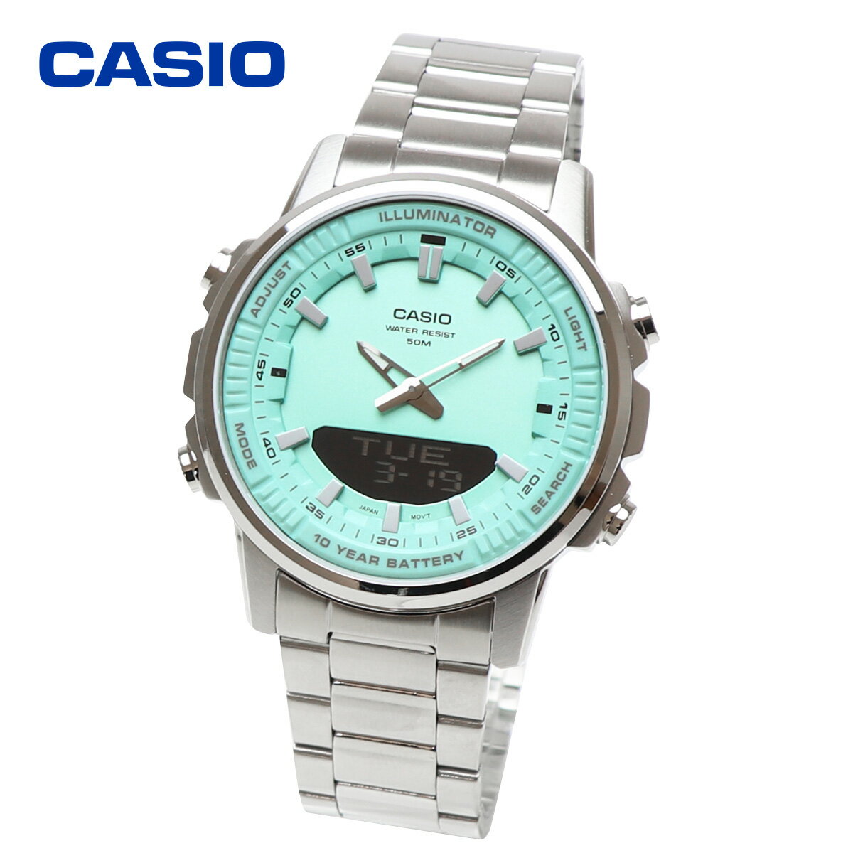 【ベルト調整無料 ラッピング無料】CASIO カシオ アナデジ 10YEAR BATTERY AMW-880D-2A2 チープカシオ スタンダード シルバー ティファニーブルー TIFFANY BLUE 腕時計 アナログ デジタル メンズ 男性 ビジネス 仕事 復刻デザイン アナデジ データバンク databank DATA BANK