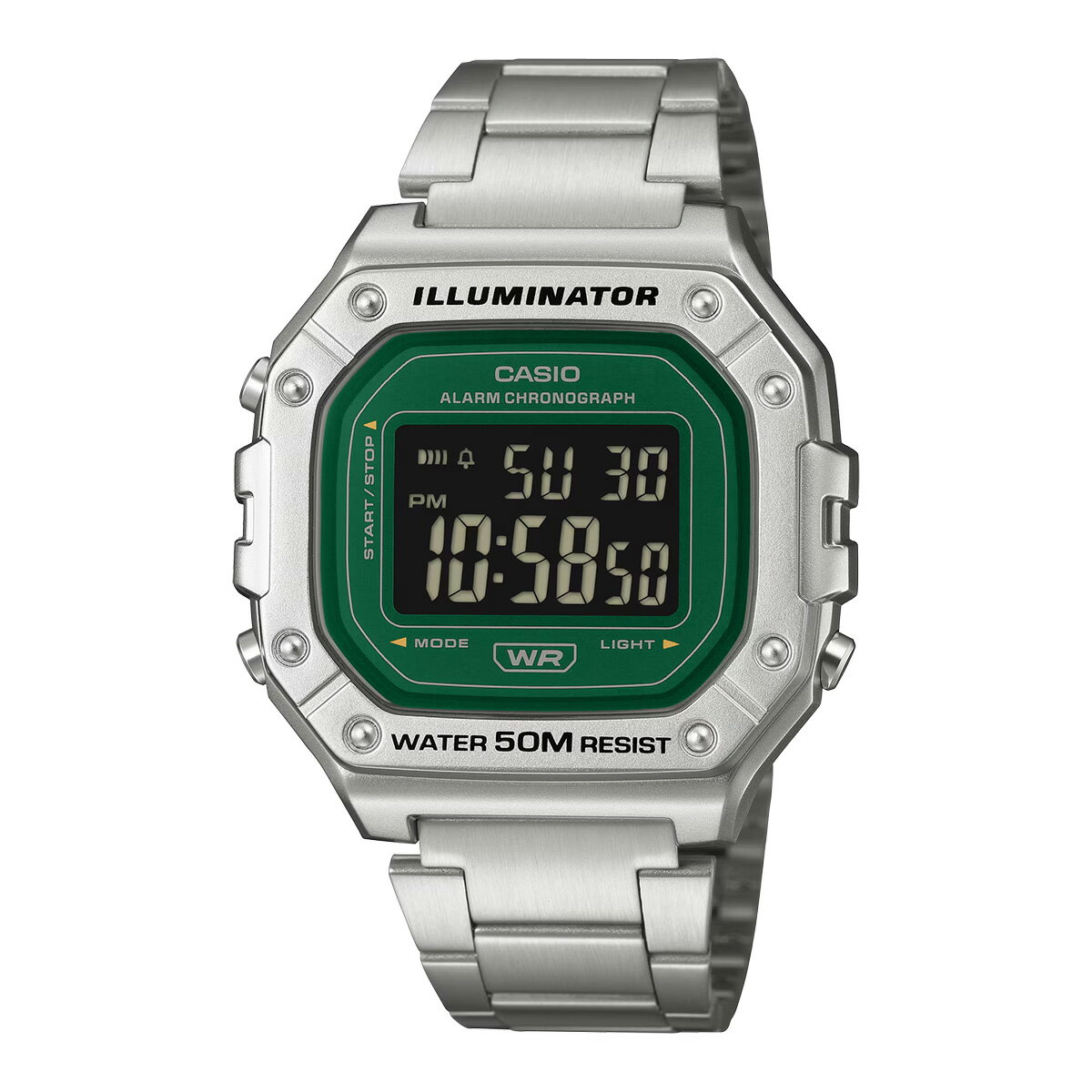 【ベルト調整無料】CASIO カシオ メタル スタンダードデジタル W-218HD-3A シルバー グリーン 防水 スクエア シンプル オシャレ 操作が簡単な腕時計 メンズ レディース キッズ 四角形 小学生 中学生 高校生 男性 女性