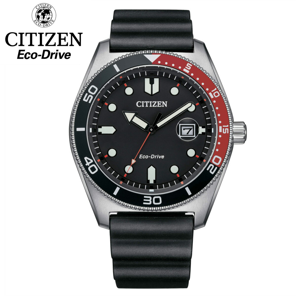 【新品 二年保証】CITIZEN シチズン エコドライブ ECO-DRIVE AW1769-10E ソーラー 100M防水 ブラック レッド ペプシカラー ダイヤル ダイバーデザイン アナログ カレンダー ブラック ウレタンベルト JAPAN MOVEMENT