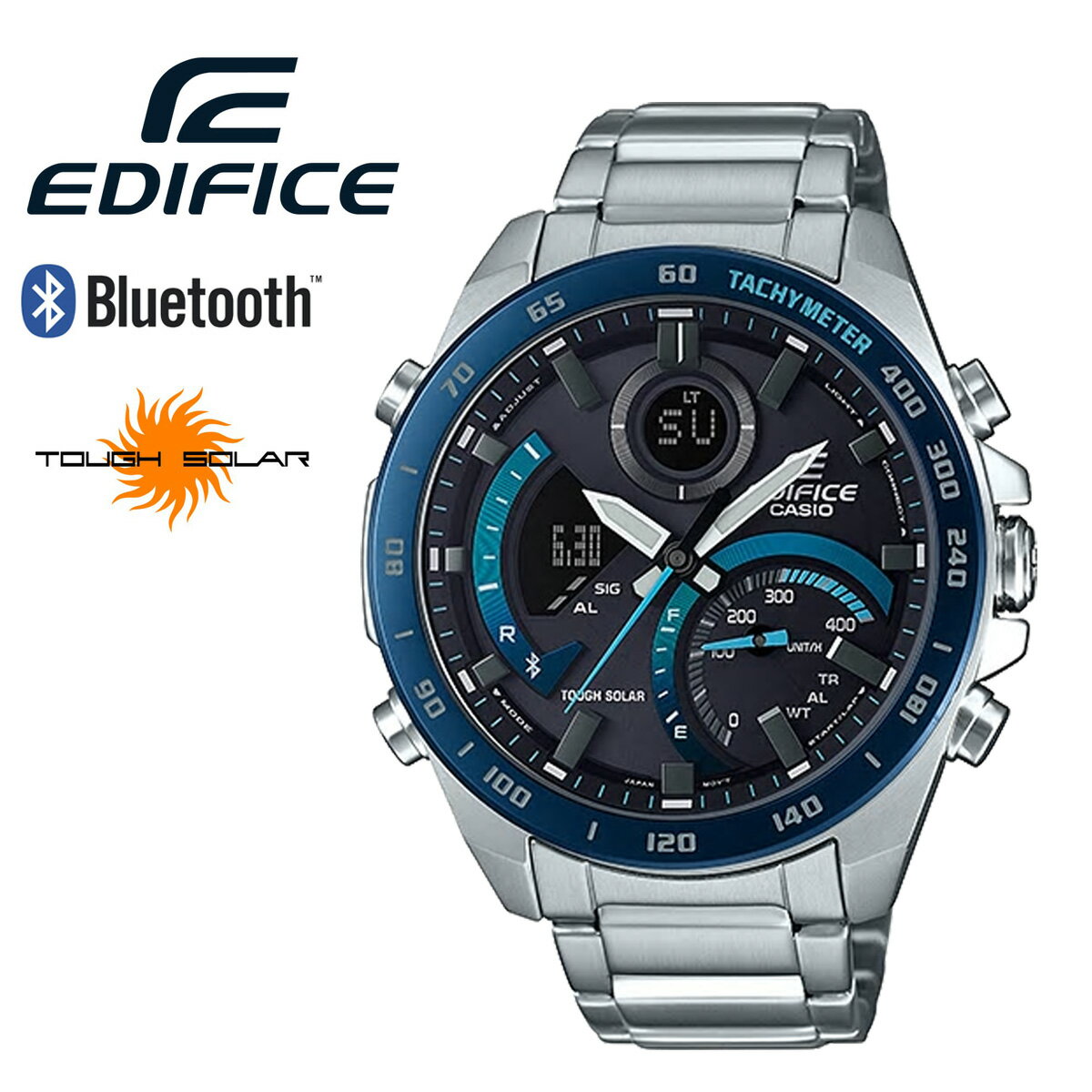 【ラッピング無料！サイズ調整無料！】CASIO EDIFICE カシオ エディフィス スマートウォッチ Bluetooth ブルートゥース スマホリンク スマホ スマホ連動 iPhone タフソーラー ECB-900DB-1B レーシング クロノグラフ アナデジ ブラック ブルー