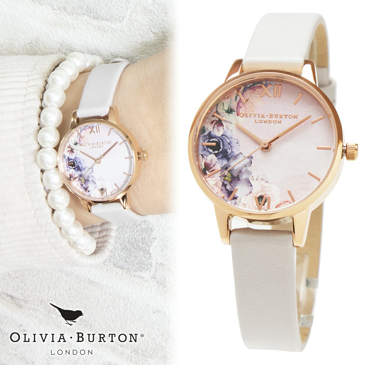 【ラッピング無料！電池交換無料！返品OK！】ギフト オリビアバートン OLIVIA BURTON 腕時計 レディース 花柄 フラワー 水彩画 時計 ピンク ホワイト 白 フローラル ブラッシュ ピンクゴールド OB16PP54 グレー レザー 本革 レザーベルト ミディ