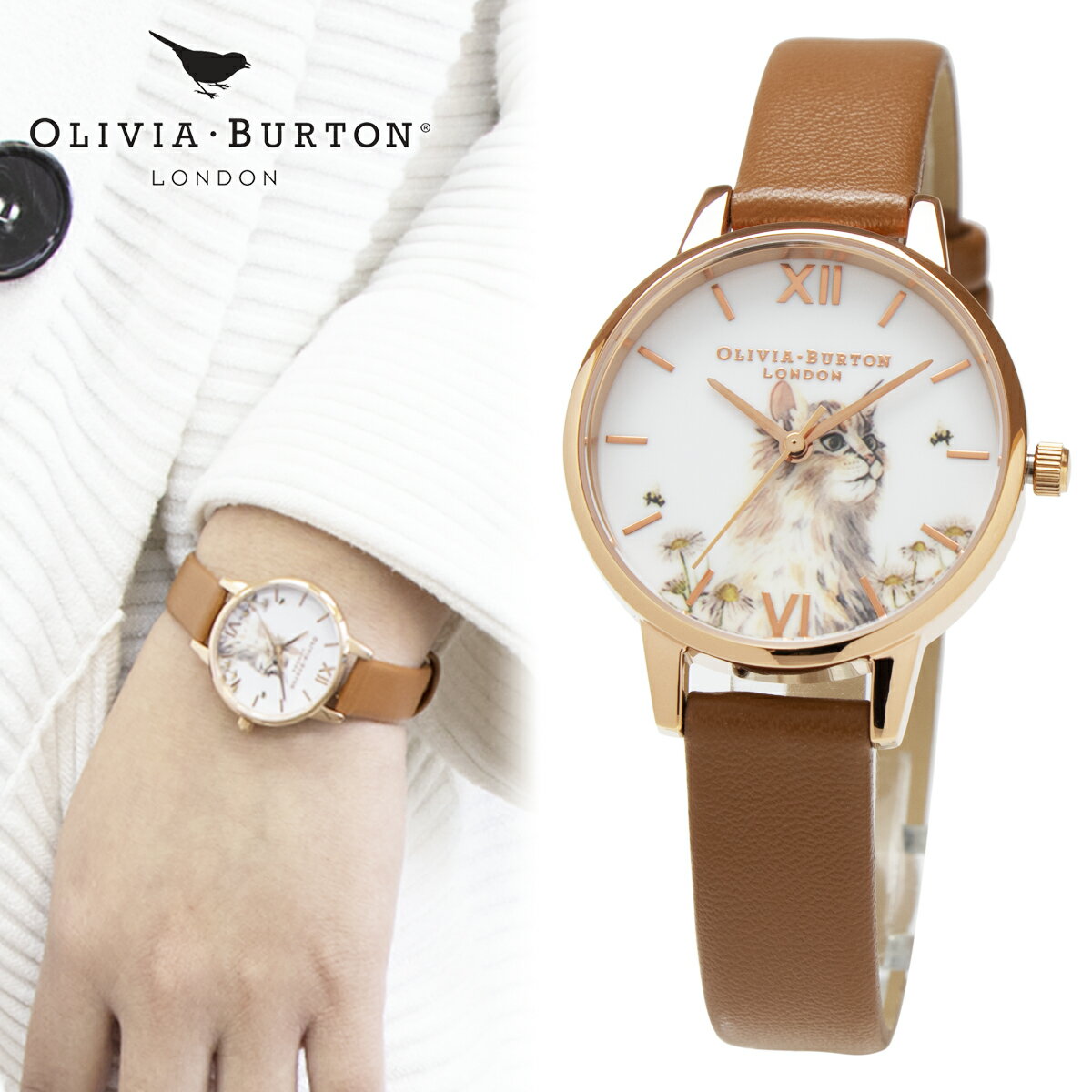 【ラッピング無料！電池交換無料！返品OK！】母の日 ギフト オリビアバートン OLIVIA BURTON 腕時計 レディース 時計 猫 ネコ ねこ キャット ヴィーガン ハニータン ローズゴールド OB16WL87 ブラウン レザーベルト ウォッチ 女性用 アナログ 革ベルト 30mm cat 動物 ミディ