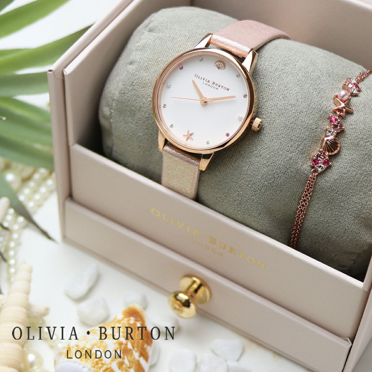 オリビアバートン 腕時計 【ラッピング無料】オリビアバートン OLIVIA BURTON ギフトセット Under the Sea レザーベルト ホワイト ピンク ピンクゴールド OBGSET141