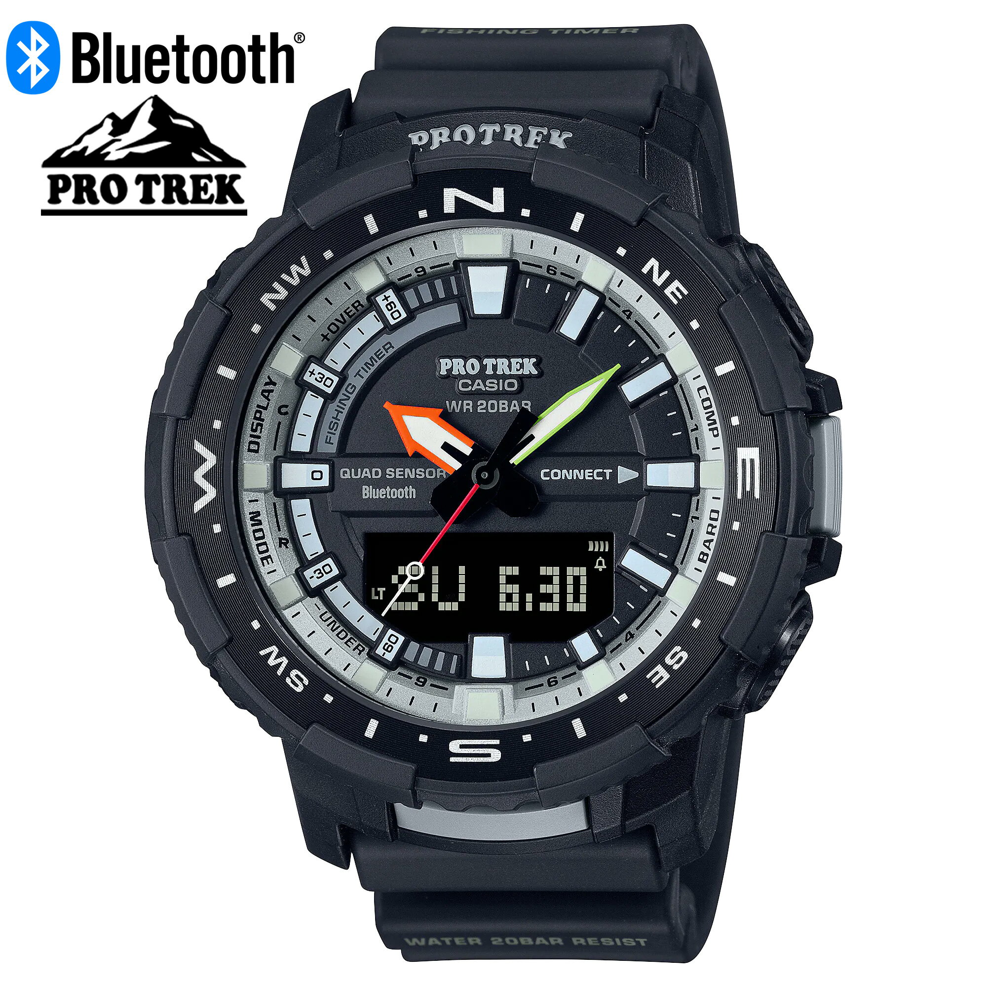 CASIO カシオ PROTREK プロトレック 時計 ナイトフィッシング 夜釣り NIGHT ANGLER LINE ナイトアングラー スマートウォッチ スマホリンク スマホ連動 bluetooth ブルートゥース PRT-B70BE-1 アウトドア 黒 腕時計 20気圧防水 交換ベルトセット