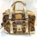 【難ありジャンク販売】コーチ(COACH)シグネチャーキャンバペット用キャリーバッグ60094 型崩れ、擦れ傷多い、臭い、汚れあり 60094 ブラウン×ゴール...
