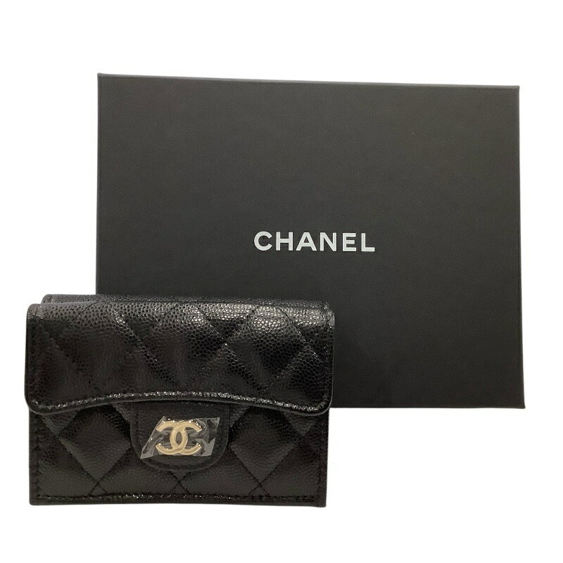 【美品:店頭展示品】シャネル(CHANEL)スモール フラップウォレット AP0230 B03847 C3906 キャビアスキン 三つ折り財布 ブラック 【中古】 JA-20618