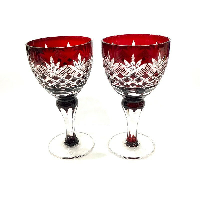 切子　ワイングラス　ミニ　赤切子　ペアグラス　2客　【中古】JA-24748