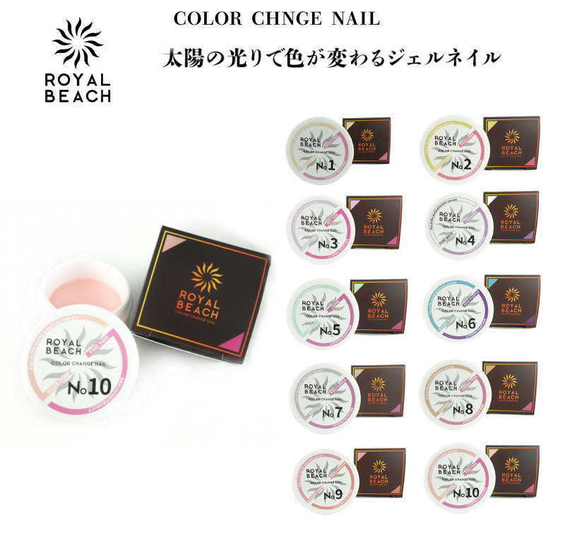 楽天1-D　ROYAL魔法のネイルジェル 10個セット ROYALBEACH ロイヤルビーチ カラーチェンジジェルネイル 5ml 太陽光で色が変わるジェルネイル 硬化時間LED：30秒/UV：60秒 プロ仕上がり ネイル サロン 爪 アート