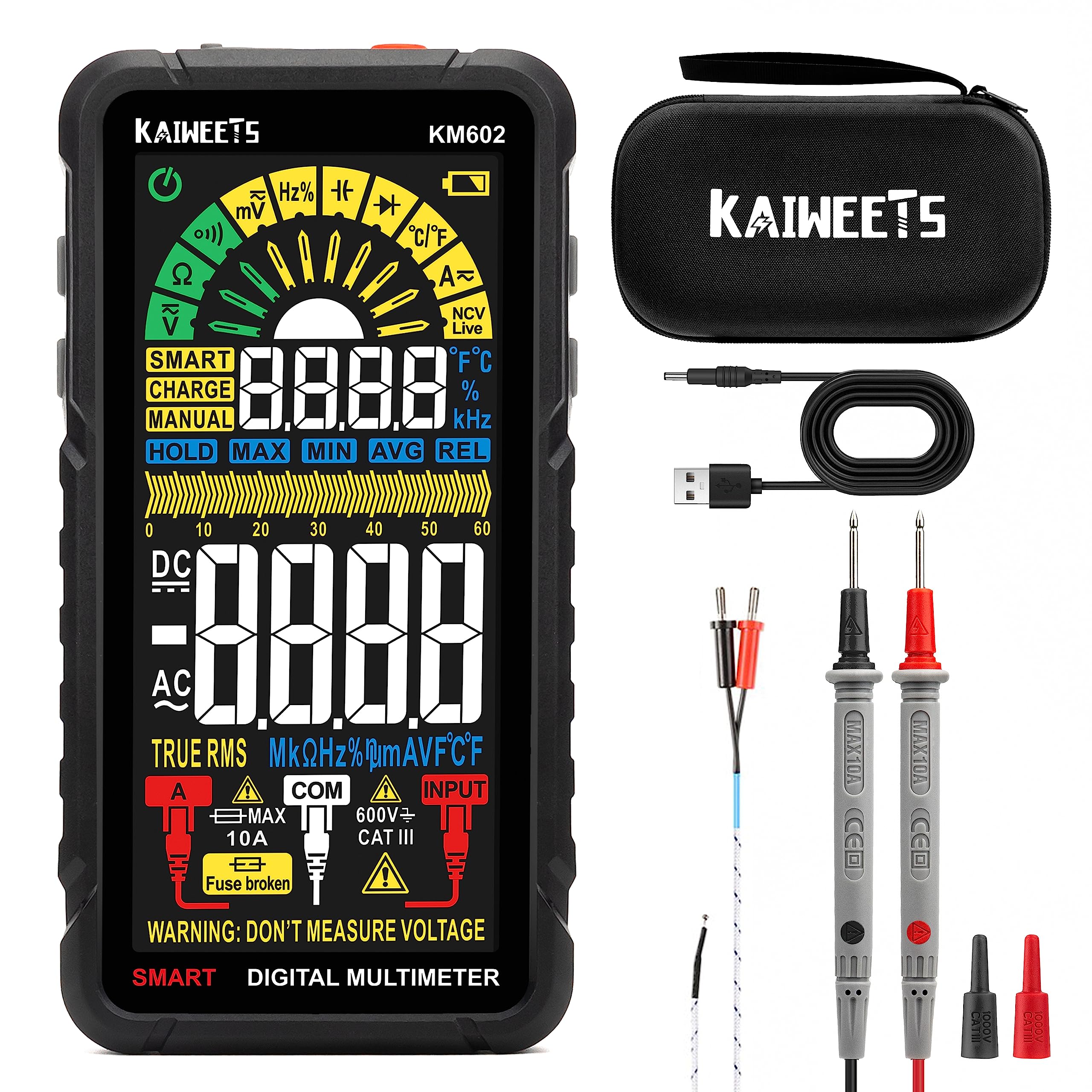 KAIWEETS テスター 充電式マルチメーター 大画面 6000カウント 直流/交流電圧 抵抗 導通 電流 静電容量 ダイオード デューティ比 温度測定 デジタルテスター
