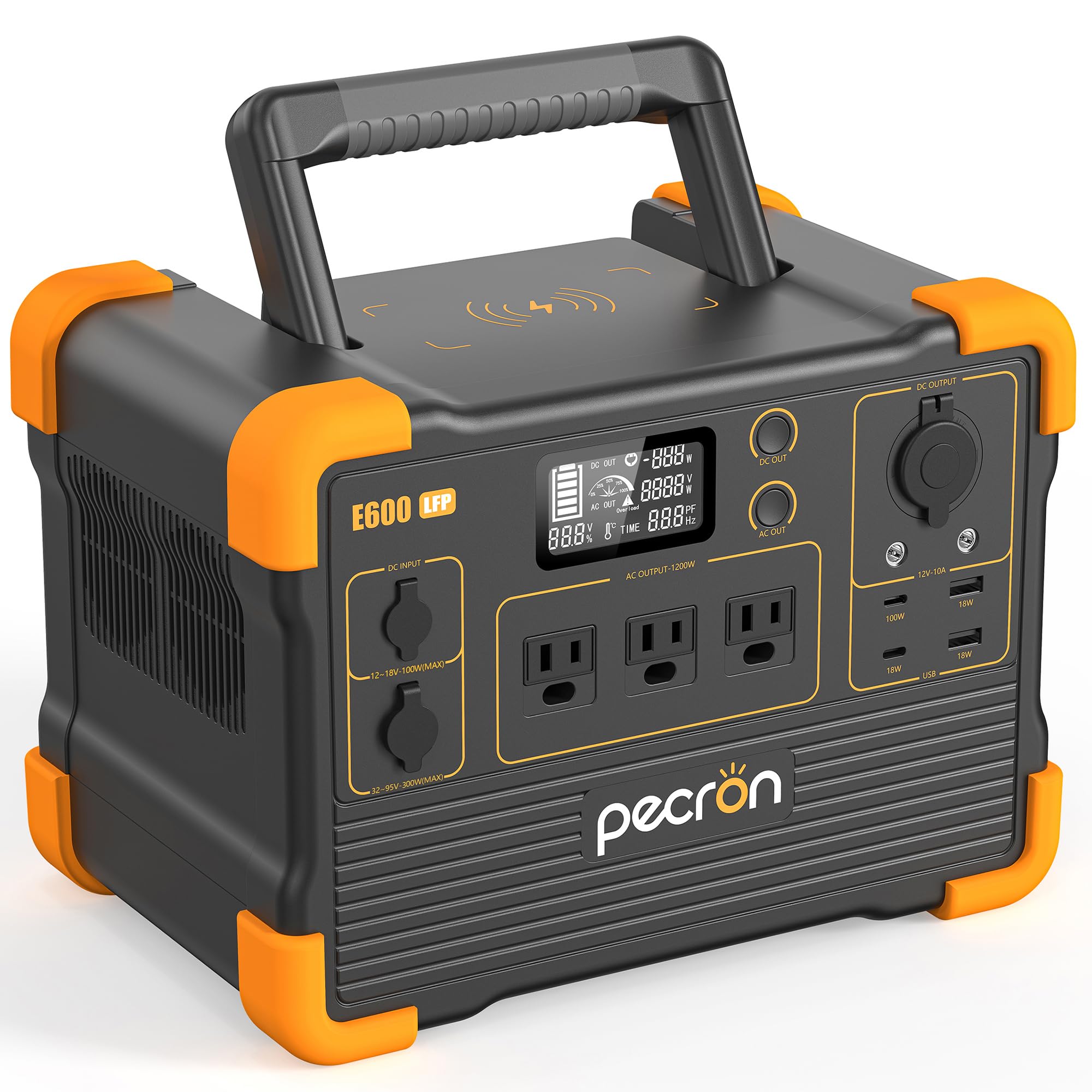 PECRON ポータブル電源 E600LFP リン酸鉄 1200W / 614Wh 小型 大容量 AC定格1200W(サージ2400W) ポータブルバッテリー 蓄電池 急速充電 軽量 高耐久 パススルー MPPT ソーラー充電 純正弦波 PSE認証済 BMS安全管理 車中泊 アウトドア キャンプ 非常用電源 停電対策 防災