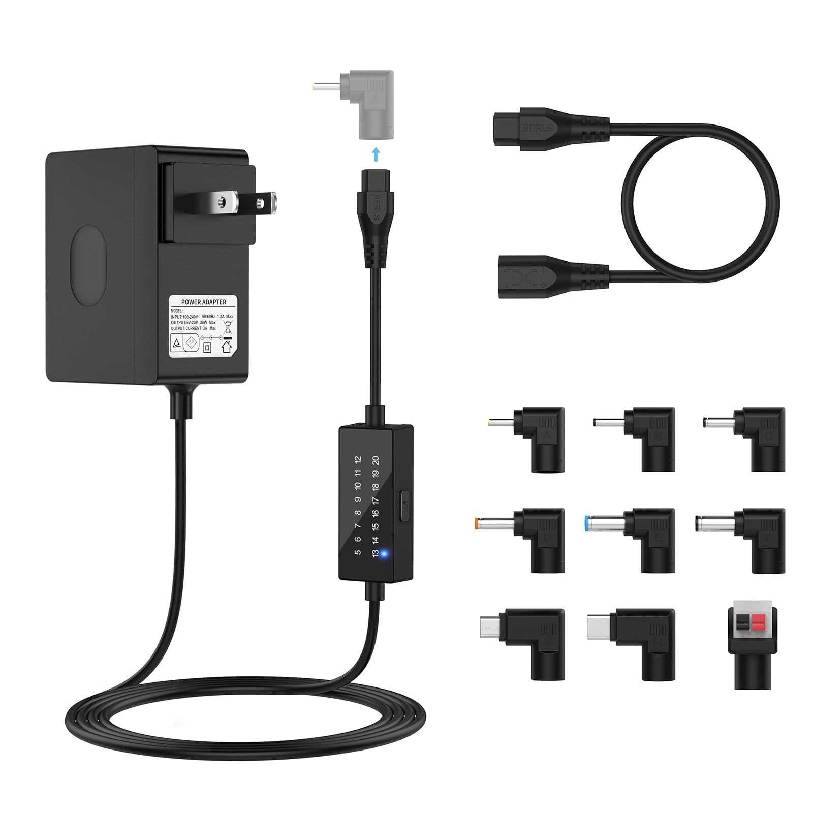 BENSN 39W AC DC電源アダプター マルチ電圧 5V 6V 7V 8V 9V 10V 11V 12V 13V 14V 15V 16V 17V 18V 19V 20V 、スイッチング電源の充電器 家庭用電子、9個の選択可能なアダプタプラグ付き、逆極性コード1個付き、最大3A