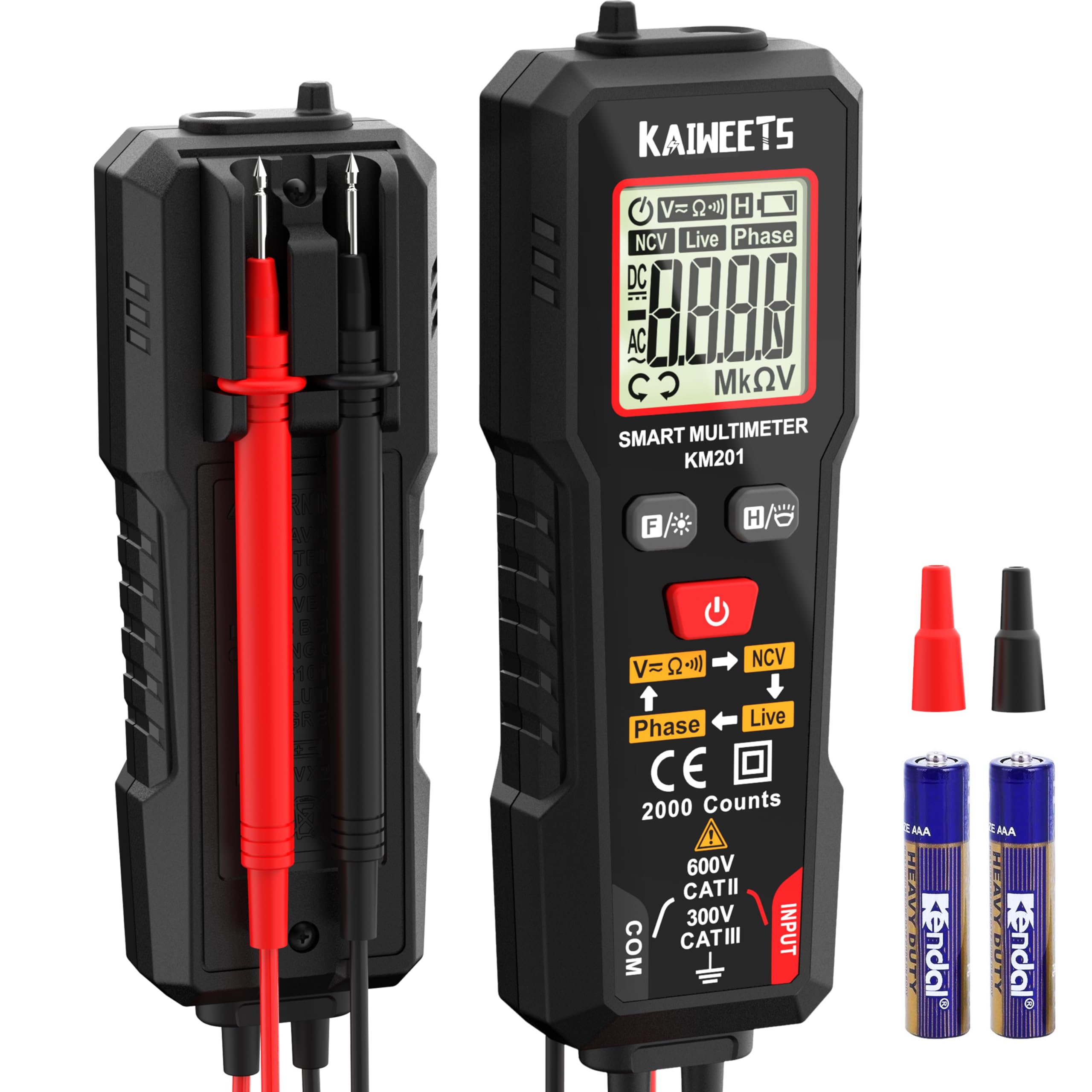 KAIWEETS スマートマルチメーター AC/DC電圧 位相シーケンス検出 導通 抵抗測定 NCV/活線チェック 2000カウント 小型…
