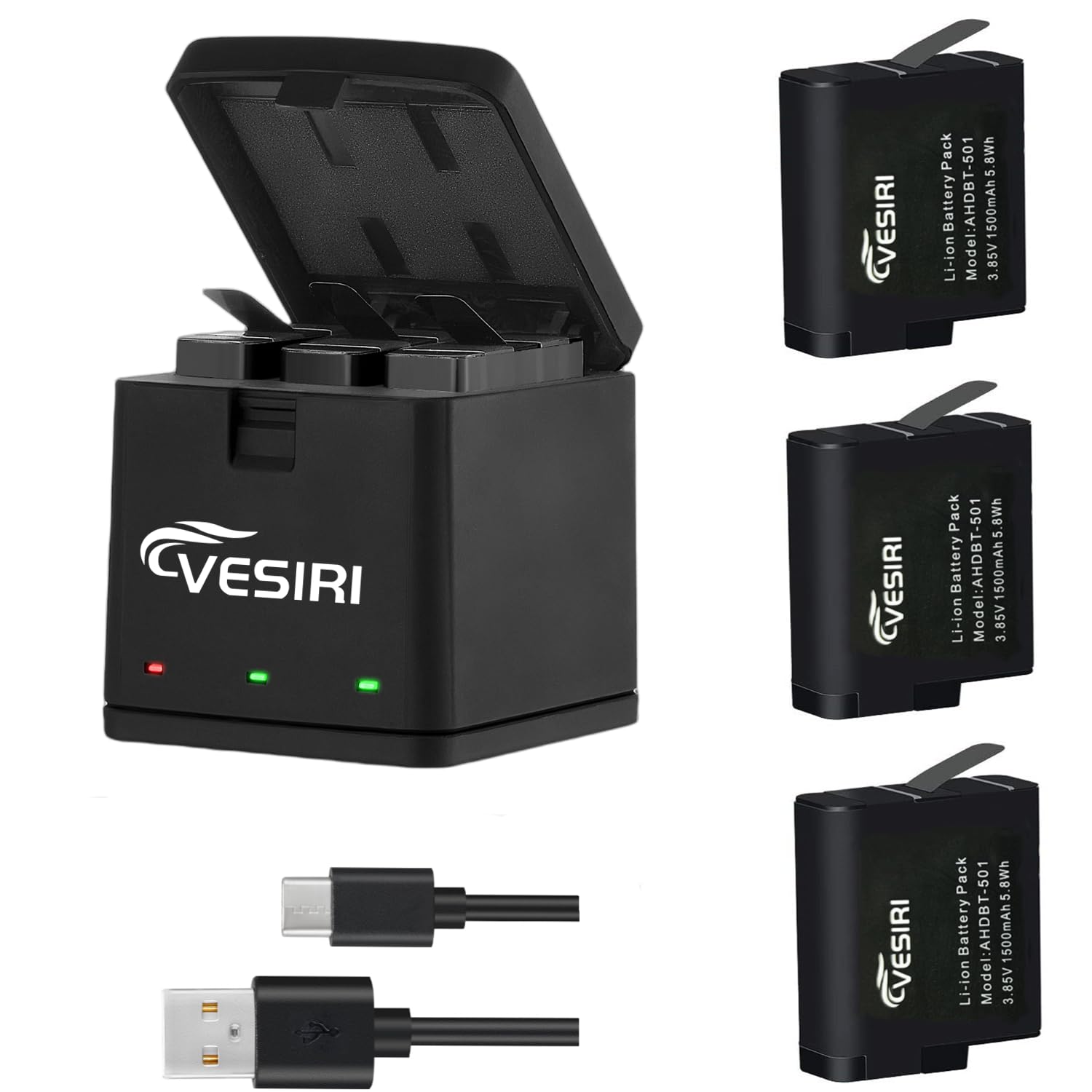 Vesiri GoPro Hero 7/6/5 バッテリー 充電器セット 3*1500mAh ゴープロ予備バッテリー GoProチャージャー LED付き充電器 Type C Micro USB 充電器 同時充電可能 充電保護 対応種類 (Gopro Hero7/Hero6/Hero5 Black カメラに対応)【PSE登録済】