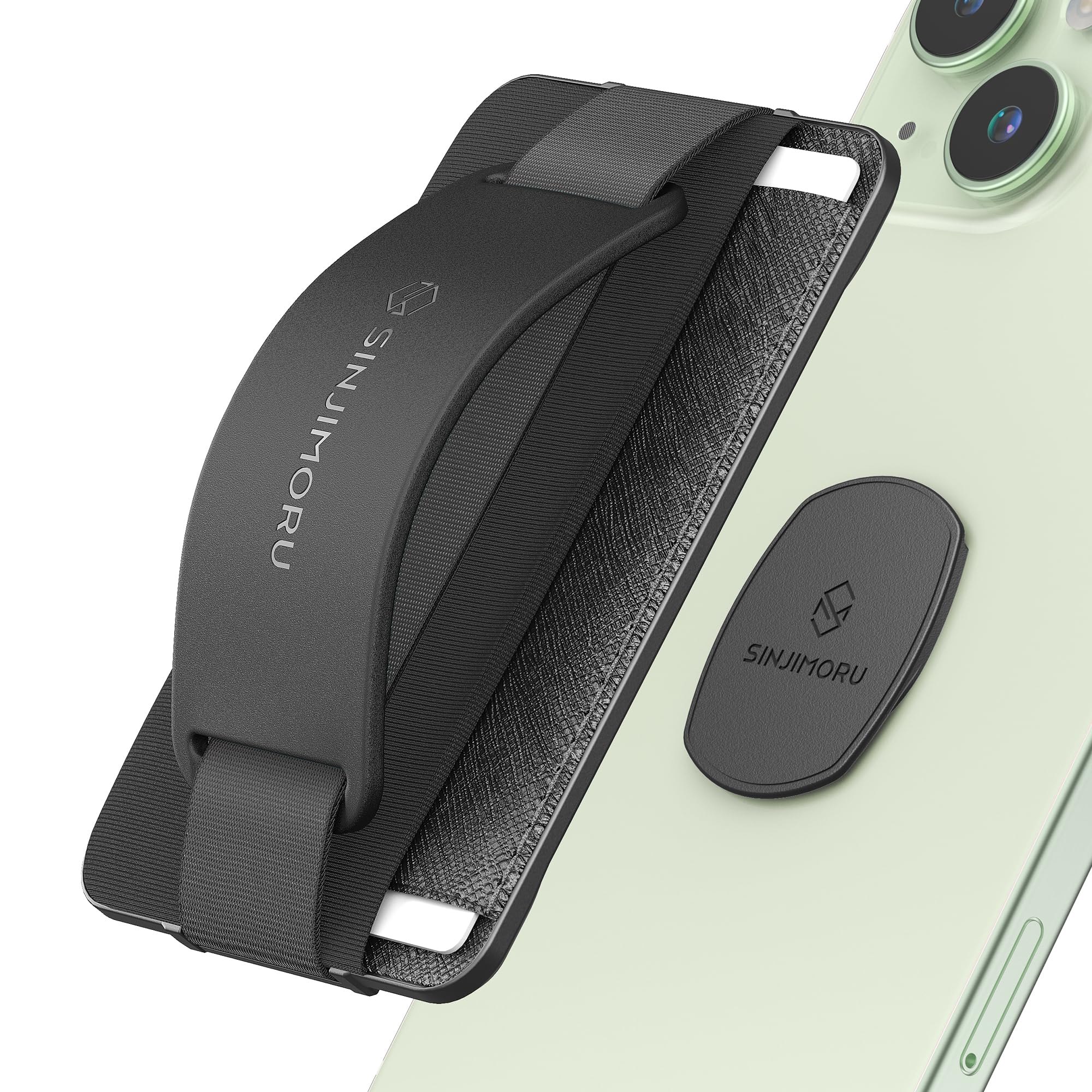 Sinjimoru 無線充電対応 スマホスタンドカード入れ、専用マウントで固定するカードホルダー SUICA IDカードなど3枚のカード収納できる着脱可能カードケース、落下防止 ハンドストラップにどこでも楽に動画 視聴できるスタンド機能付きiPhone15 Plus Pro Pro Max iPhone