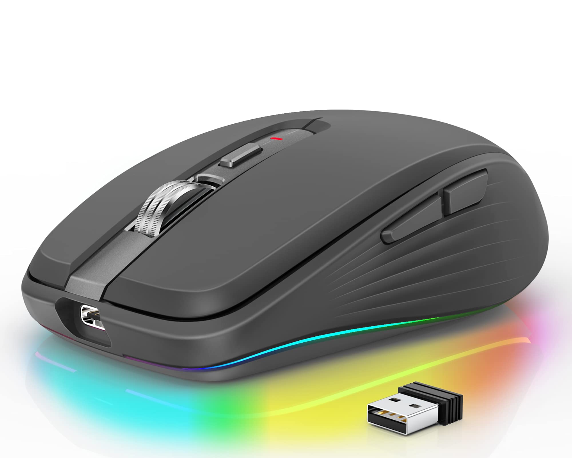 『2.4G & Bluetooth 5.1マウス』マウス Bluetooth 5.1 ワイヤレスマウス 無線 マウス 充電式 2.4GHz光学式 7ボタン 4DPIモード 最大2400DPI 7色ライト付き 省エネルギー 高精度 小型 持ち運び便利 iPhone/iPad/Mac/Windows/Surface/Microsoft Pro対応 日本語取扱説明書付