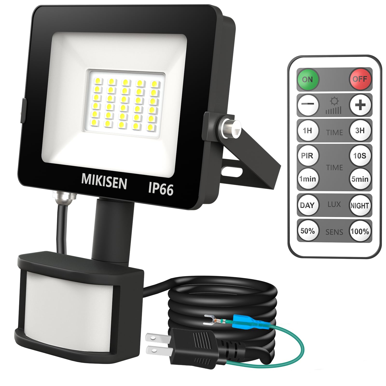 MIKISEN LED センサーライト 投光器 20W 調光タイプ 昼白色 6500K 2300LM 180w相当 1.8コード 人感センサーライト 防水IP66 屋外 玄関 駐車場灯 防犯灯 照明器具 町内の防犯に 倉庫 日本語説明書付き アース端子付2Pプラグ 120°広角 PSE認証済【常時点灯機能付き ? 調光