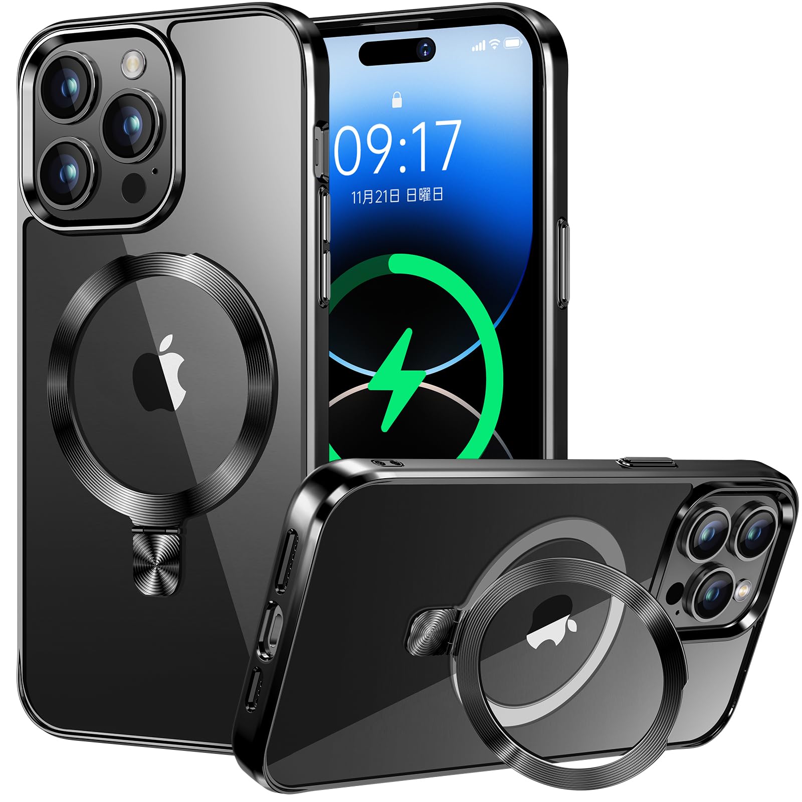 【CD MagSafeリング・スタンド一体】iPhone14 Pro Max 用クリアケース[MagSafe対応・隠しスタンド] [本体の色・メッキバンパー]ストラップホール付き 角度調整可 米軍MIL規格取得・耐衝撃 アイホン14 Pro Max透明ケース スマホケース14プロマックス人気6.7インチ(ブラッ