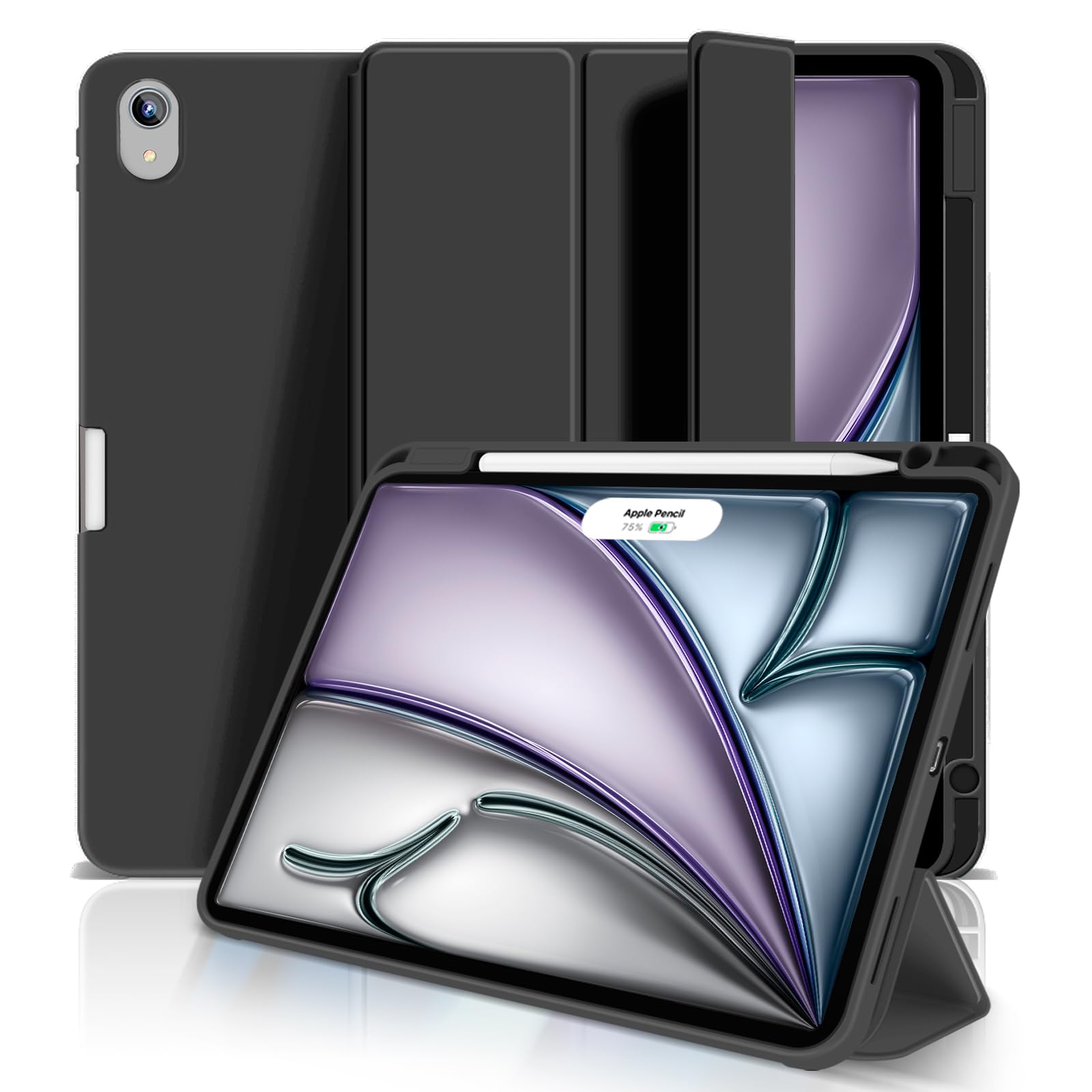 Aoub iPad Air 11 インチ ケース 2024 iPad Air 第5/4世代 カバー 2022/2020年 10.9 インチ Pencil Proペン収納 Apple Pencil2 ワイヤレス充電対応 オートスリープ/ウェイク機能対応 ソフト TPU 薄型 軽量 耐衝撃 三つ折りスタンド(ブラック)
