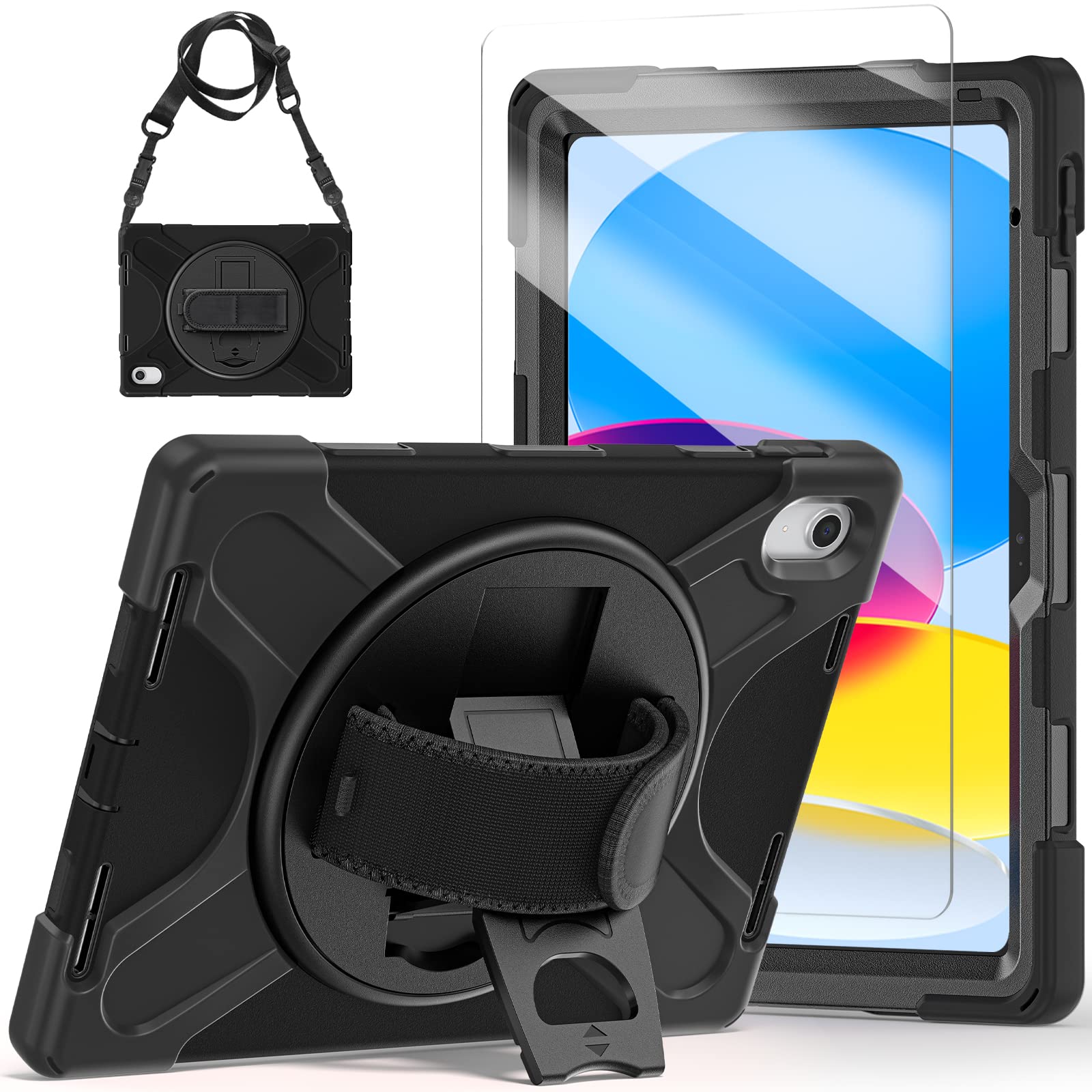 Herize iPad 10世代 ケース 10.9インチ 2022 発売 保護ファイル付き ハンドストラップ ショルダーストラップ付き 360度回転可能なスタンドで横置きと縦置き可能 ペンホルダー内蔵 耐衝撃 iPad 第10世代 ケース,ブラック