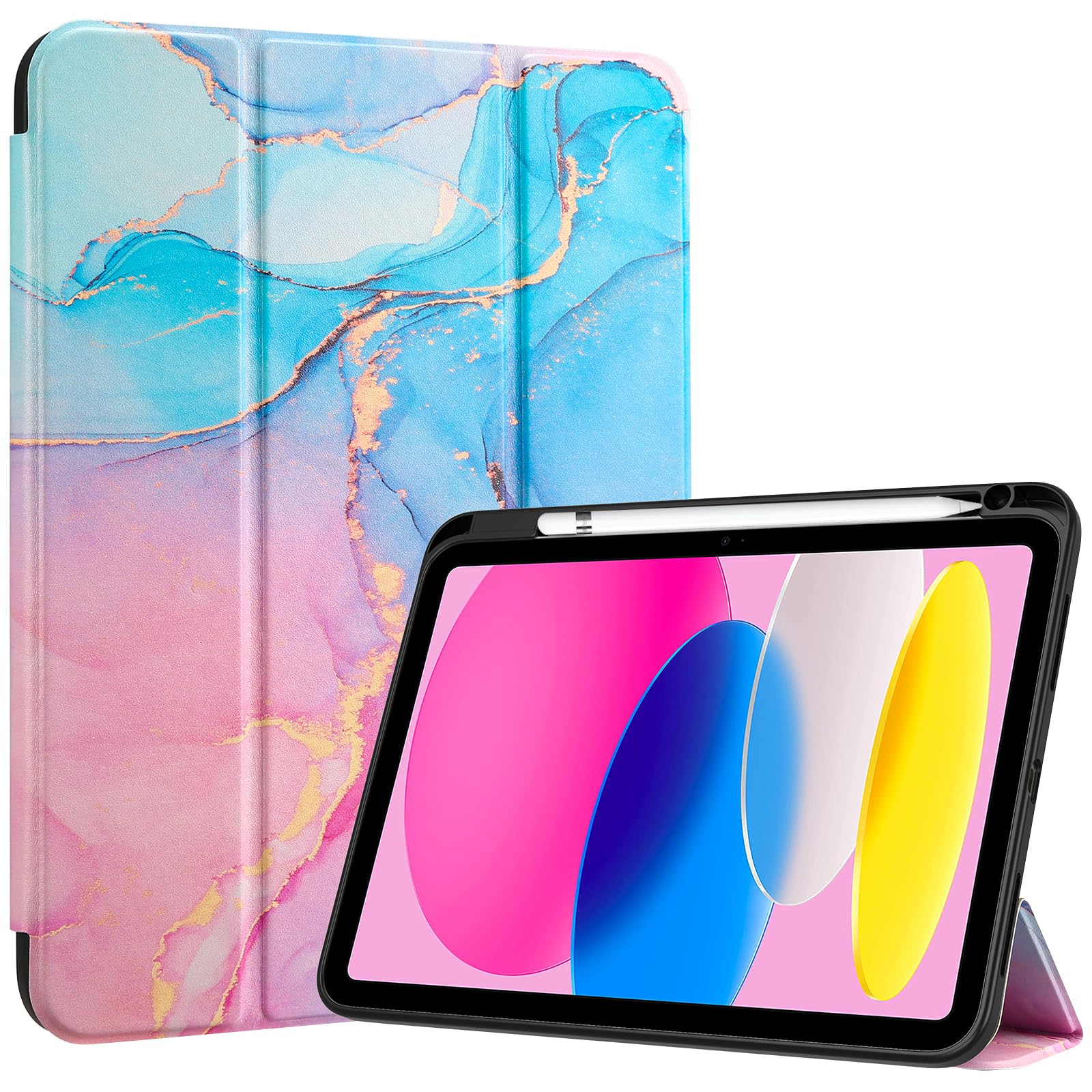 ProCase iPad 10世代 ケース 2022 10.9インチ A2696 A2757 A2777 ペン収納 耐衝撃 三つ折り スタンド スマートカバー(ブルーマーブル)