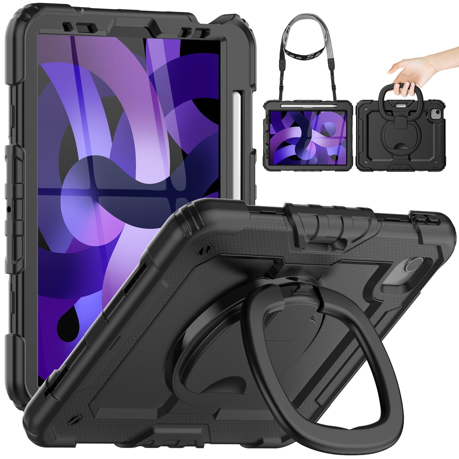 Timecity iPad Air5/ Air4 リング ケース 耐衝撃 iPad Pro 11インチ ケース (第4/ 3/ 2/ 1世代) 保護シール内蔵 360度回転リング ペン収納 ショルダーストラップ付き 頑丈で傷防止 多機能 子供 iPad Pro 11インチ リング付きケース 2022/2021/2020/2018（ブラック）