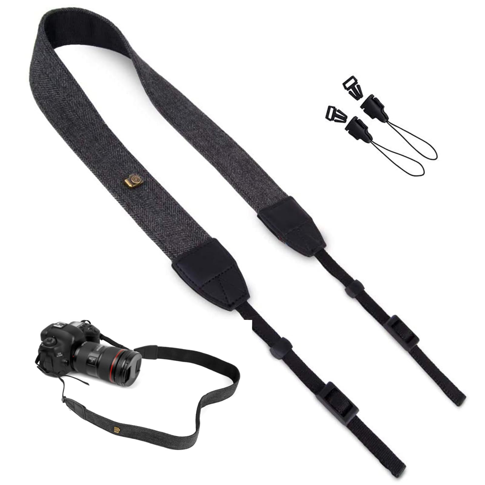 【送料無料】[DFsucces] カメラ ショルダー ネック ストラップ 接続アダプタ付 長さ調節可能 滑り止めシリーズ 一眼レフ/高級コンパクトカメラ/デジカメなど用ストラップ ショルダーストラップ (ブラック)