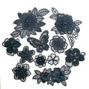 【Wdlife】レース生地 刺繍ワッペンアップリケ花柄 手作り 刺繍花 縫製 DIY 服 工芸品の装飾 パッチ補修 アップリケ モチーフ 黒色 直接に縫い付ける(ブラック11枚セット)