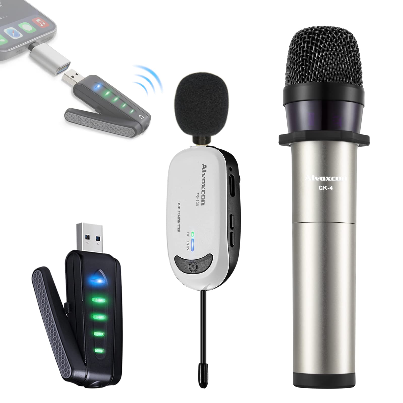 楽天1000カットカルペディエムワイヤレスマイクUSB ALVOXCON ピンマイク ハンドマイク iPhoneマイク 二種類マイク付属 無線マイク2人用 Androidスマホ/パソコン/スピーカー 音声モニター機能 ZOOM会議 オンライン授業 インタビュー 日本語説明書付き UM322Pro