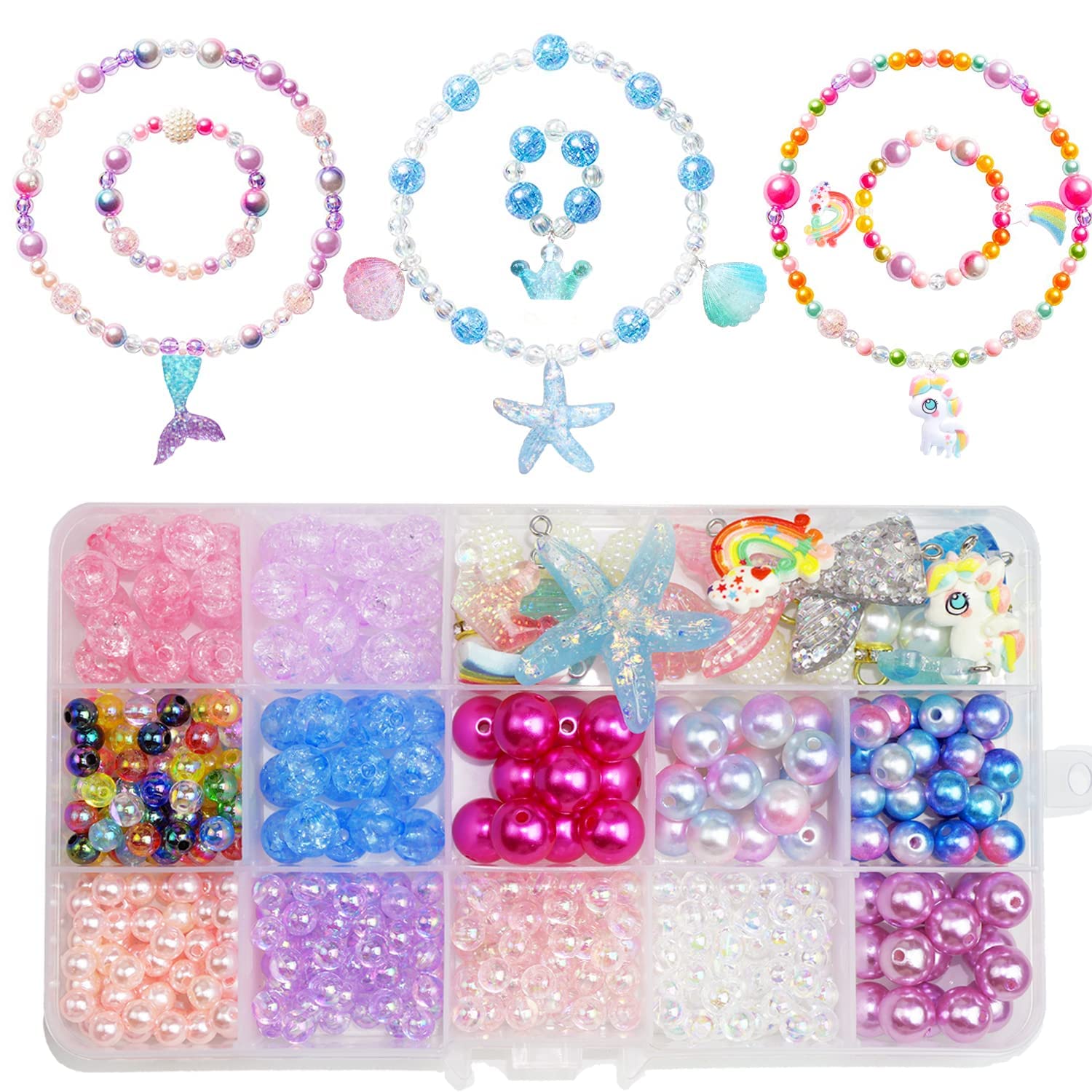 【送料無料】HUAZONTOM ビーズ 手芸キット 子供 ガラスビーズ アクセサリー キッズジュエリー 400個 豪華セット おもちゃ 女の子 ペンダント ネックレス ブレスレット 指輪 リング お姫様ごっこ マーメイドテール パール ユニコーン レインボー シェル DIY材料 手作り