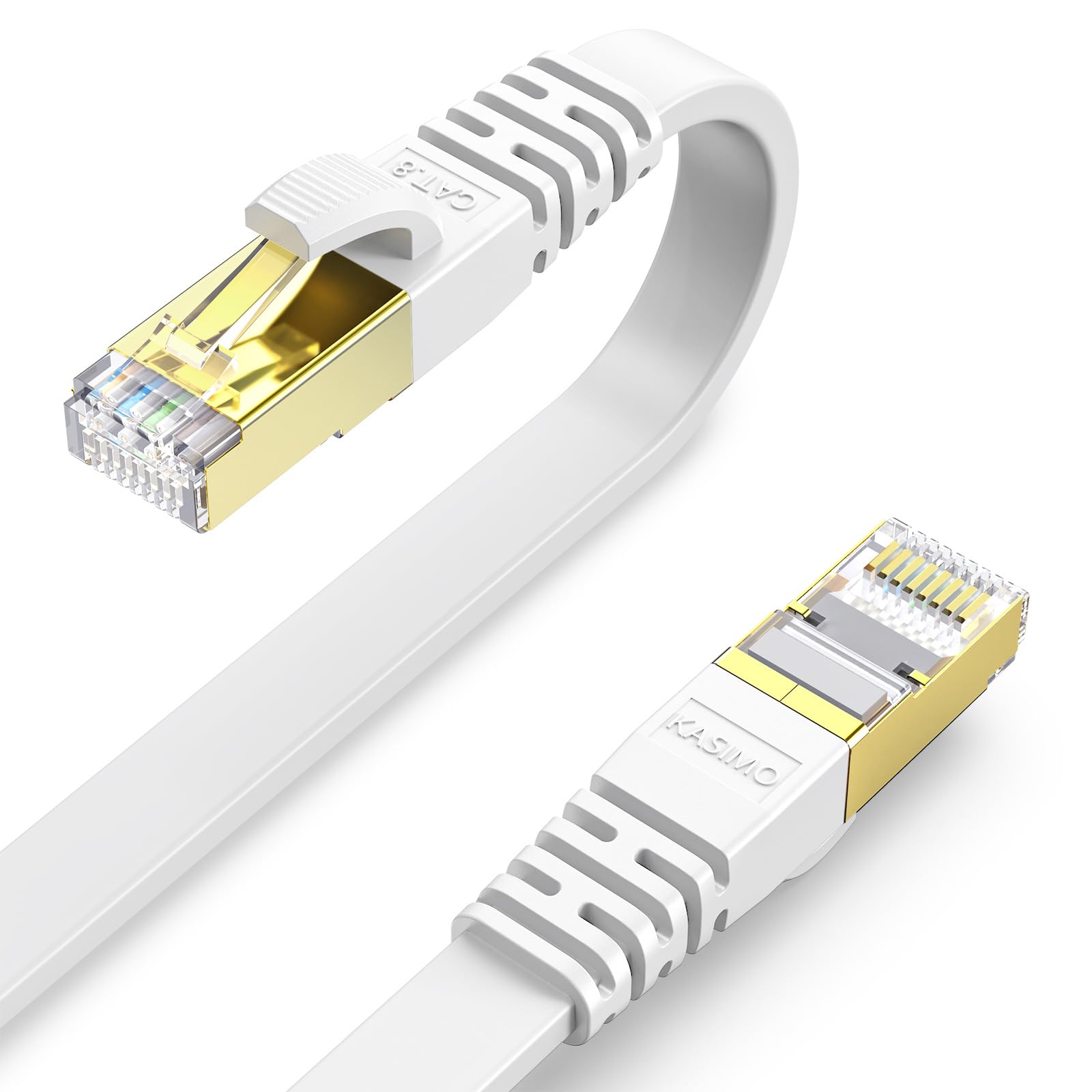 KASIMO LANケーブル 0.5m ランケーブル CAT8 カテゴリー8 超高速 40Gbps/2000MHz フラットケーブル 有線lanケーブル イーサネットケーブル wi-fiケーブル 爪折れ防止 二重シールド CAT8準拠 パソコン モデム ルーター PoE PS3 PS4 PS5 switch Xbox等に対応 (ホワイト)