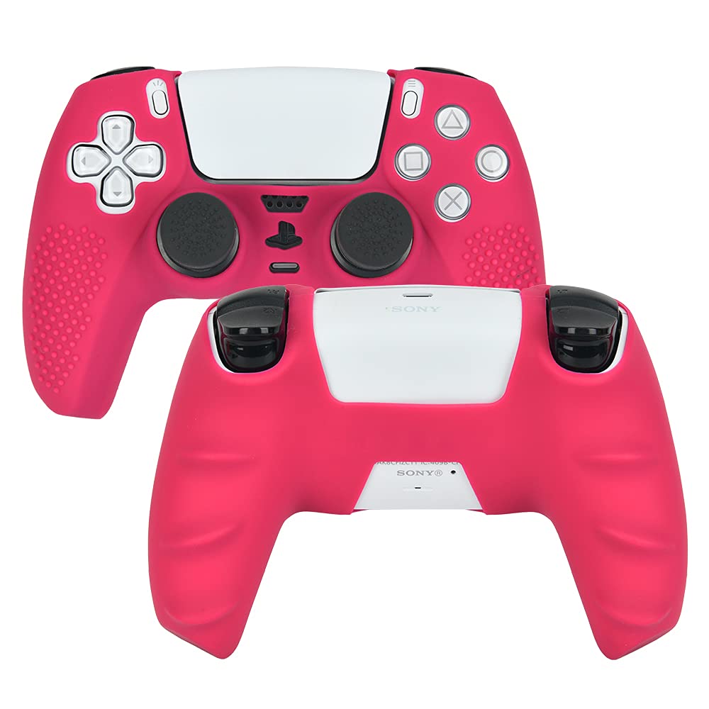 Ltenic ps5 コントローラー カバー シリコン素材 ps5 カバー コントローラー 傷防止 滑り止め 保護ケース-ローズレッド(スティックキャップ 8個付)