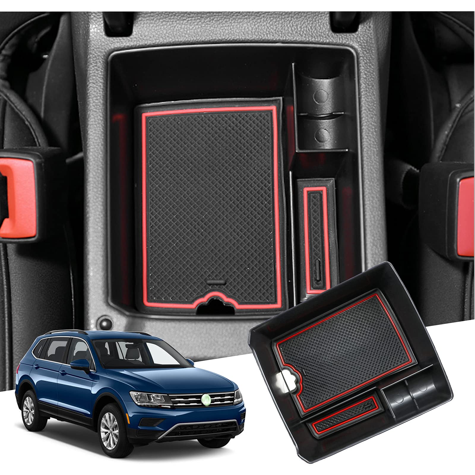 【GAFAT】フォルクスワーゲン ティグアン 2代目 2017年〜現行 専用 車用収納ボックス 外付コンソールボックス 内装パーツ センターコンソールボックス アームレストボックス ドレスアップ ABS材質製 収納ボックス 小物入れ 滑り止め (レッド)
