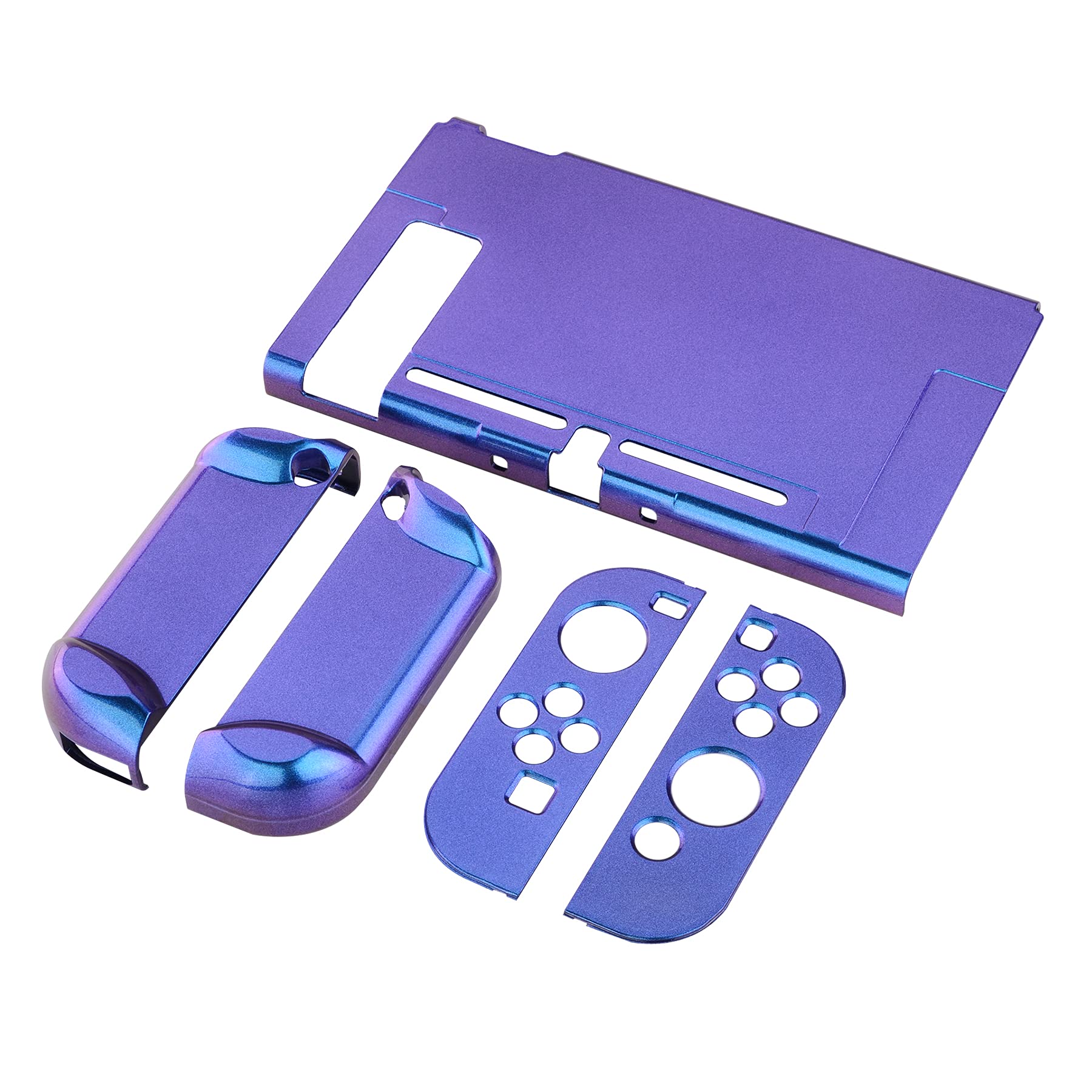 eXtremeRate PlayVital Switchコンソールに対応用グロッシーバックカバー、NS Joyconハンドヘルドコントローラー分離可能プロテクターハードシェル、Switch用にカスタマイズされたドッキングできる保護ケース【カメレオンパープルブルー】