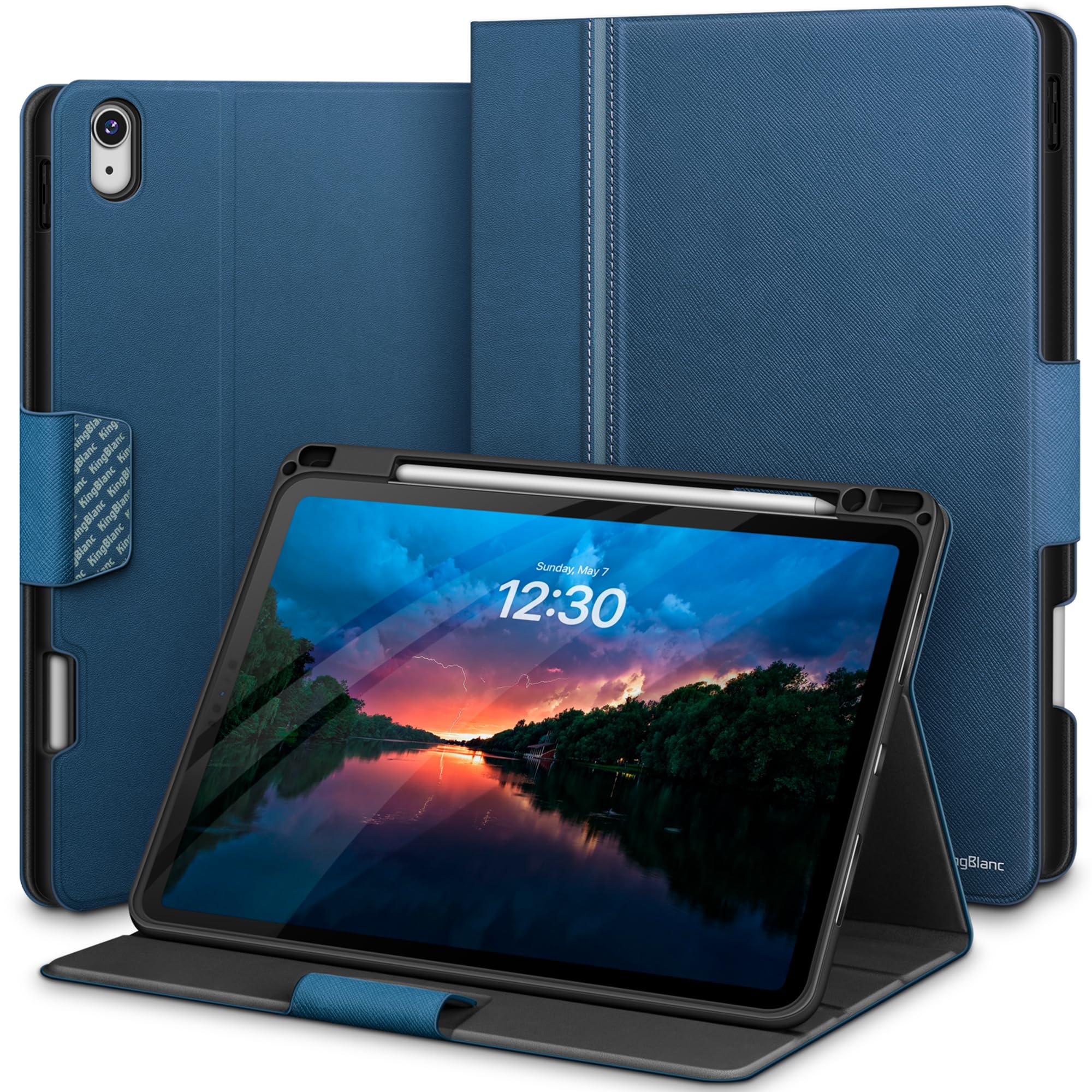 KingBlanc iPad Air 11インチ ケース M2 (2024 第6世代)・iPad Air 第5/4世代 ケース (2022/2020) 10.9インチ ケース 手帳型 ペン収納 オートスリープ Apple Pencil Pro/USB-C対応 高級PUレザー製 絵描き角度 ペンホルダー付き 傷つけ防止 全面保護型 保護カバー, ブルー