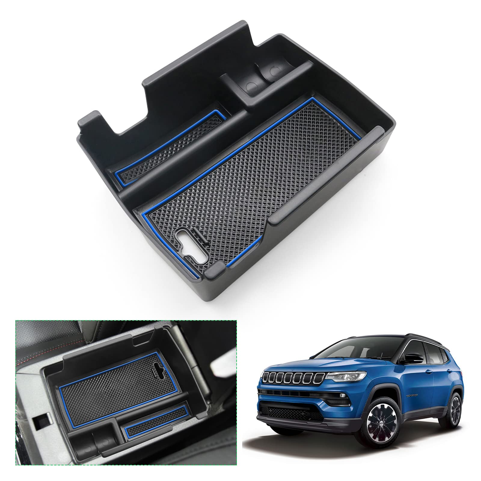 【GAFAT】Jeep Compass ジープ コンパス MP型 2代目 2021+ 新型 専用 車用収納ボックス 収納ボックス 内装パーツ センターコンソールボックス 外付コンソールボックス コイン収納 小物入れ 滑り止め (ブルー)