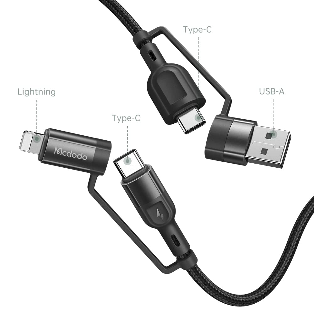 Mcdodo 4in1 充電ケーブル usb c 1.2m ケーブル 3A 急速充電 QC 3.0 PD60W 高速データ転送 合金コネクタ 強化ナイロン編み ライトニング/タイプC 一本多役 for Type-C/iPhone 対応 (ブラック)