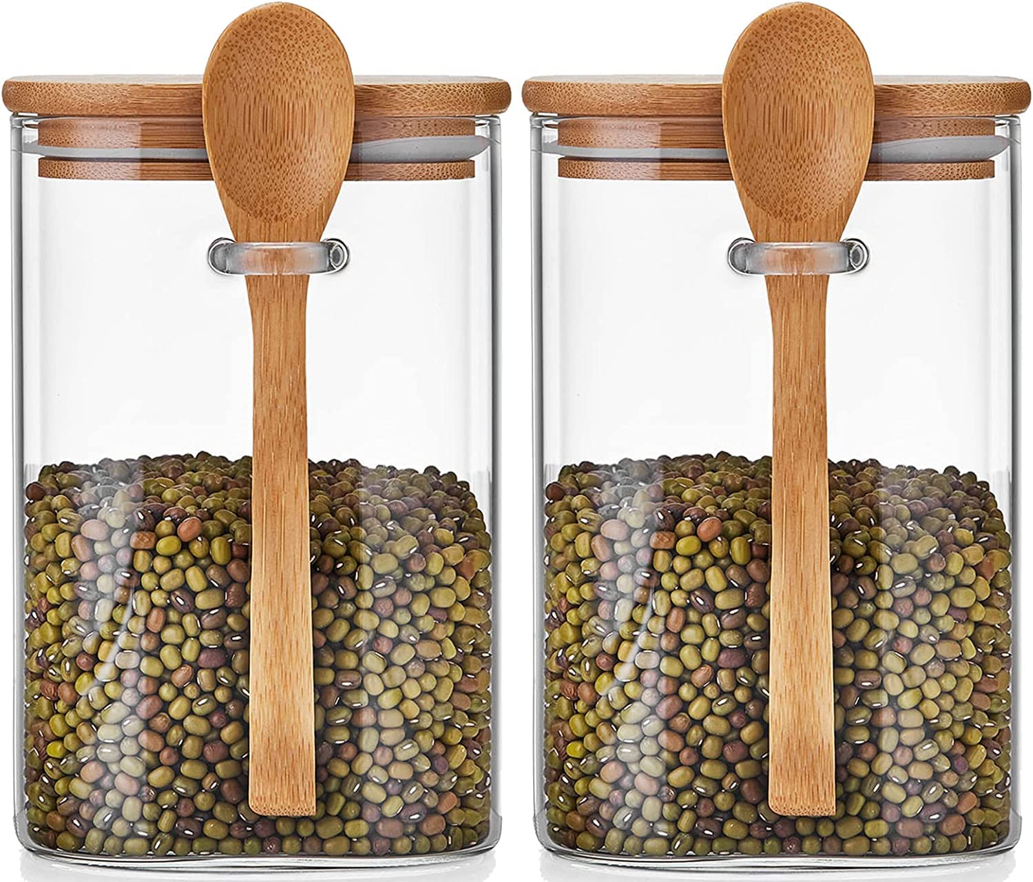 ポカロティー キャニスター ガラス保存容器 コーヒー ガラス瓶 保存瓶 1150ml 2点セット 砂糖 塩 容器 密閉 竹製の蓋・スプーン付き 気密性が良い