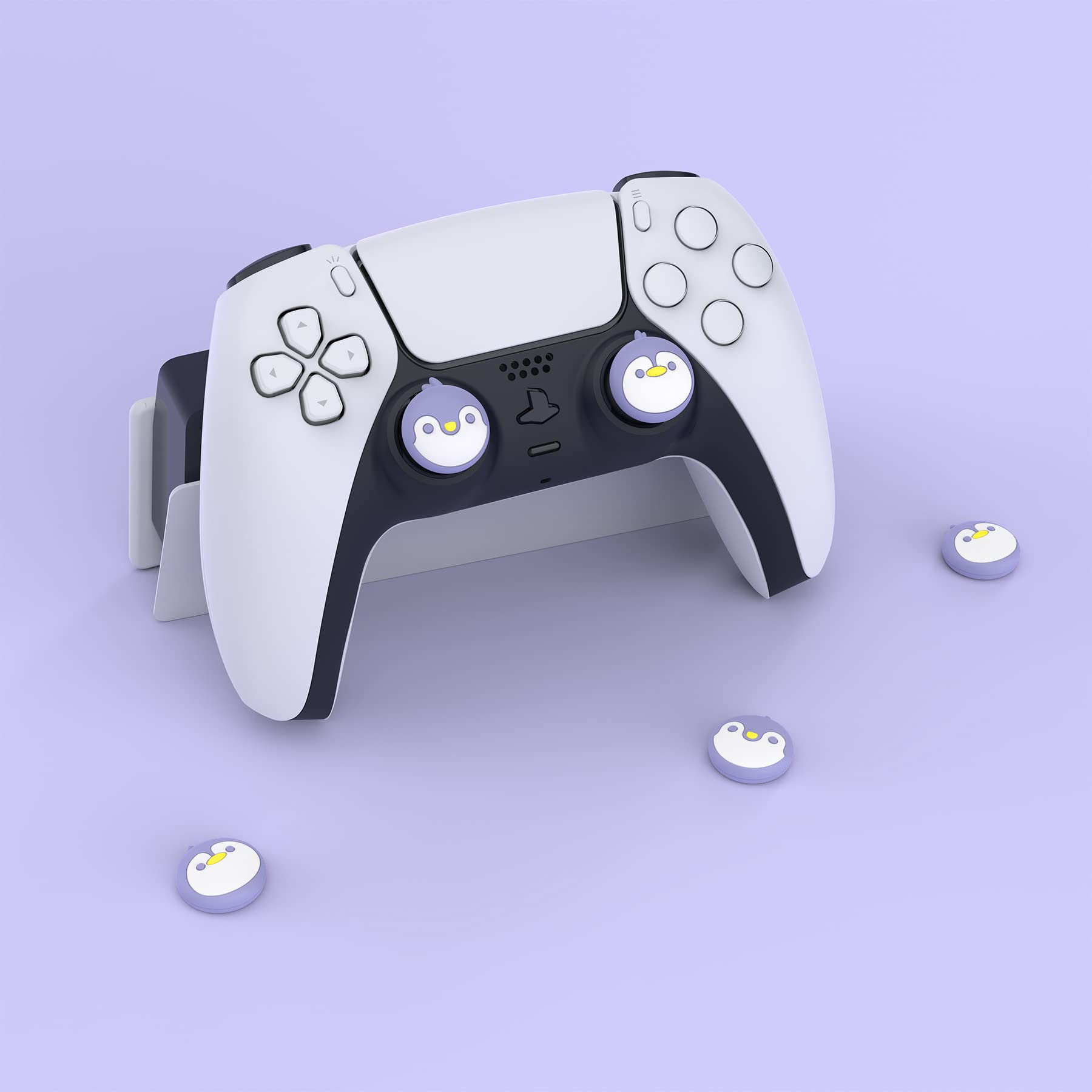 PlayVital ps5とps4コントローラーに対応用可愛いサムグリップキャップ、XboxシリーズX/Sコントローラーに対応用シリコンアナログスティックキャップカバー、Switch Proコントローラーに対応用サムスティックキャップ【ペンギン】ライトバイオレット