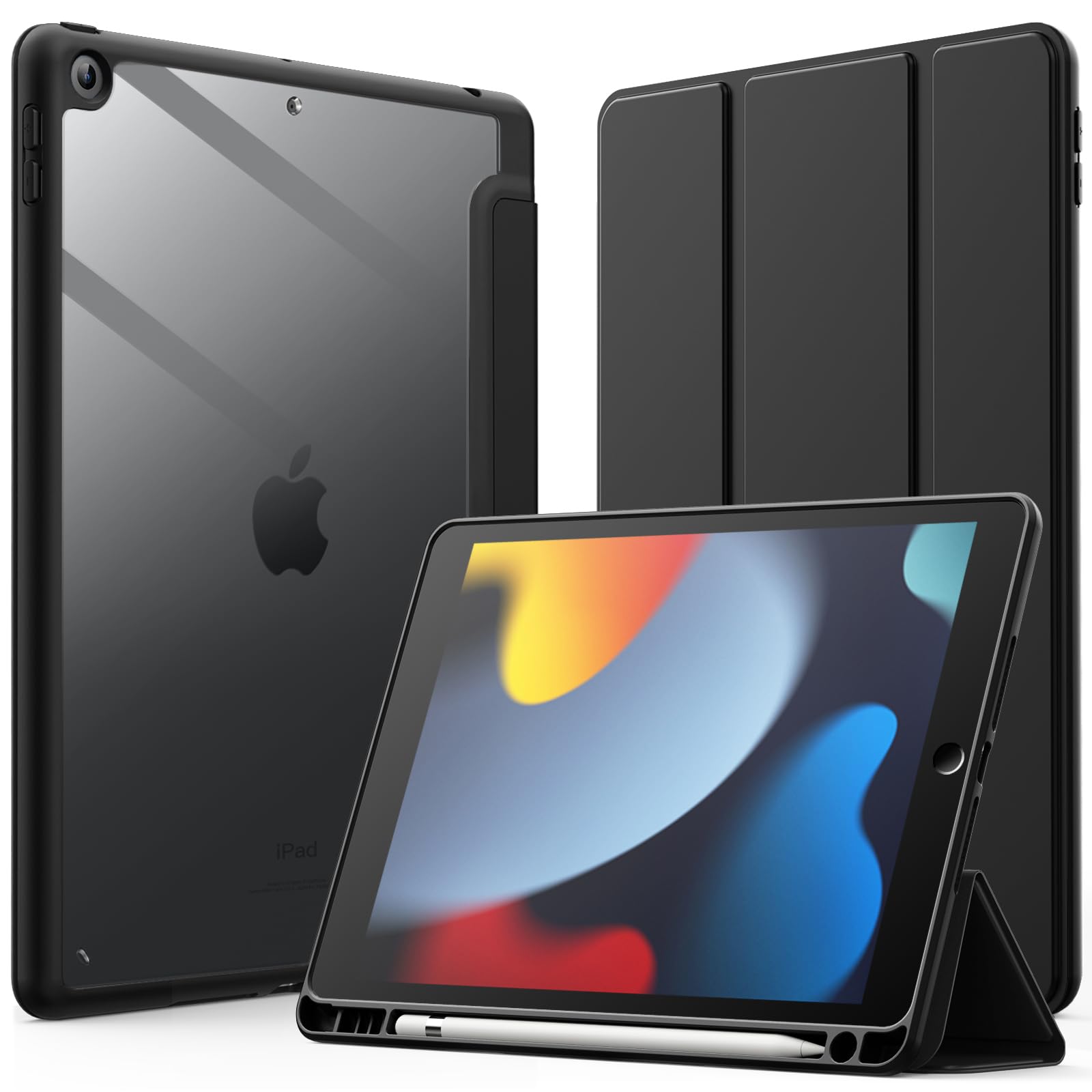 JEDirect iPad 10.2インチ ケース（第9/8/7世代、2021/2020/2019モデル用） Pencil収納可能 透明バックカバー 薄型 スタンド 衝撃吸収 タブレットカバー オートウェイク/スリープ機能 (ブラック)