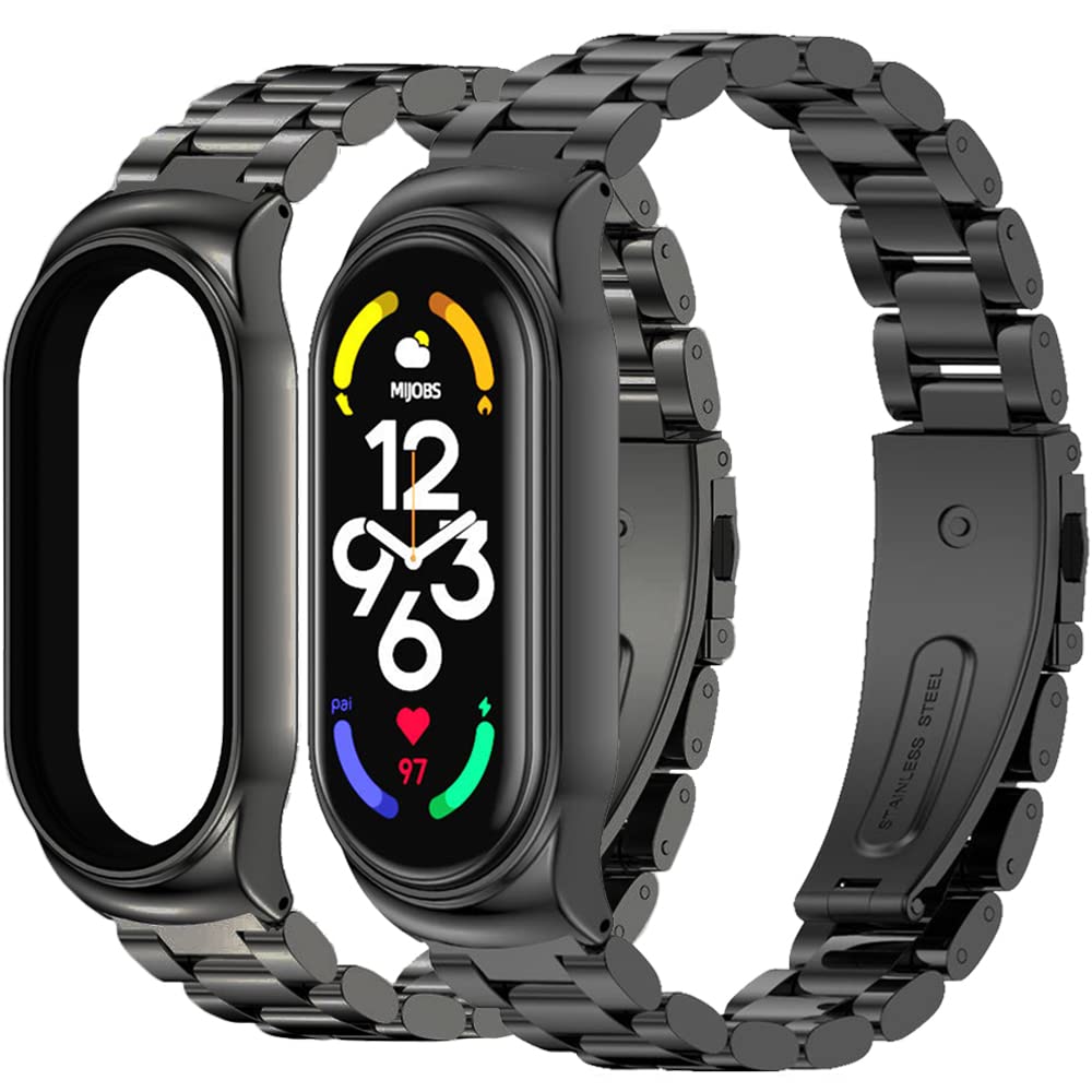 Miimall【一体型バンド】 対応Xiaomi Mi Band 7 バンド 金属 ステンレス 肌にやさしい バンド 錆びにくい Mi Band 7 ベルト 調節可能 ビジネス風 男女通用 調整工具付き（ブラック）