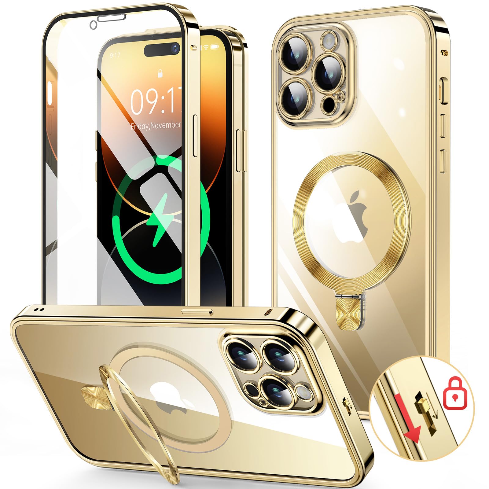 HGUTREY【スタンド機能付き・アクションボタン】 iPhone14 Pro 用 ケース クリア 【ロック付き】【CDリ..