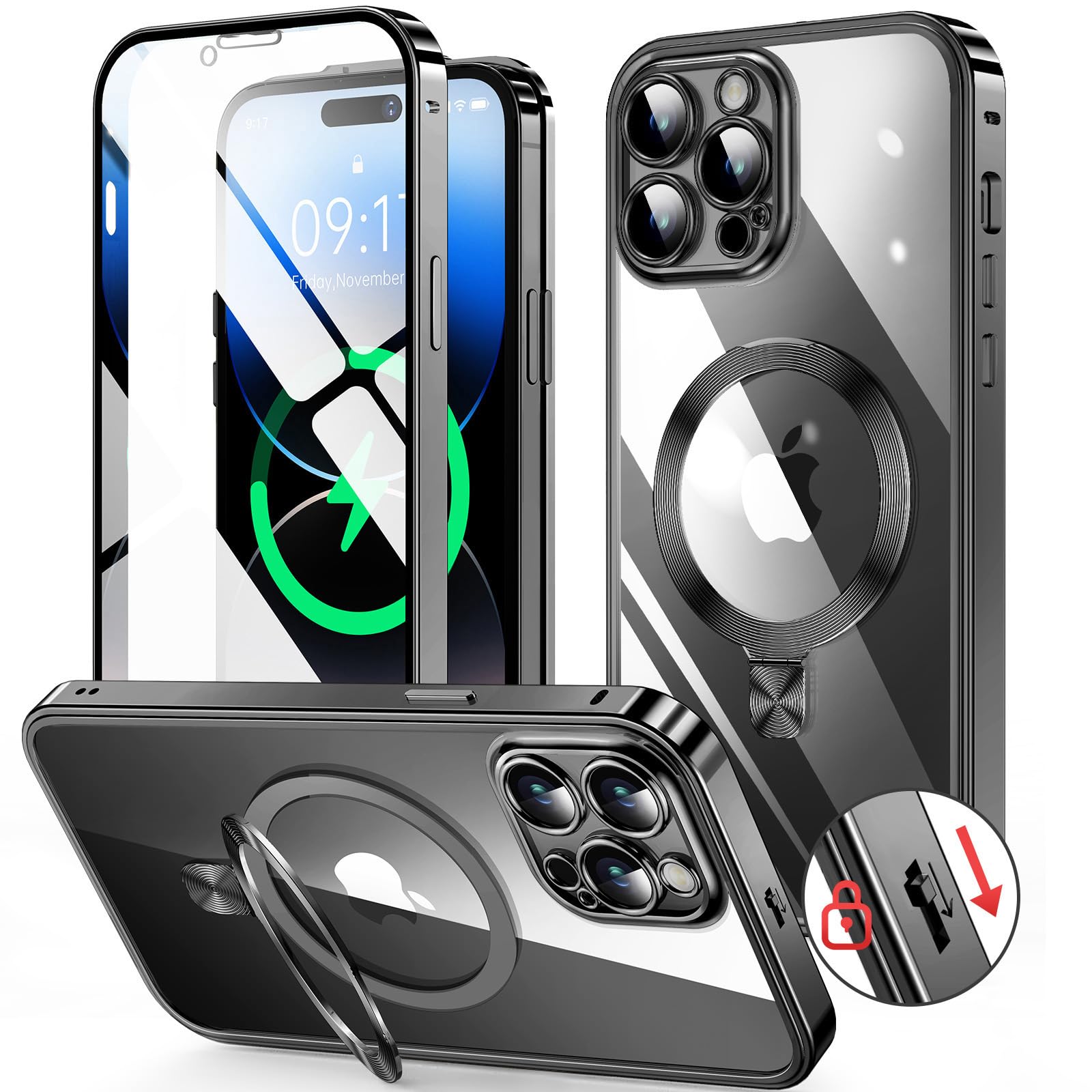 HGUTREY【スタンド機能付き・アクションボタン】 iPhone14 Pro 用 ケース クリア 【ロック付き】【CDリ..